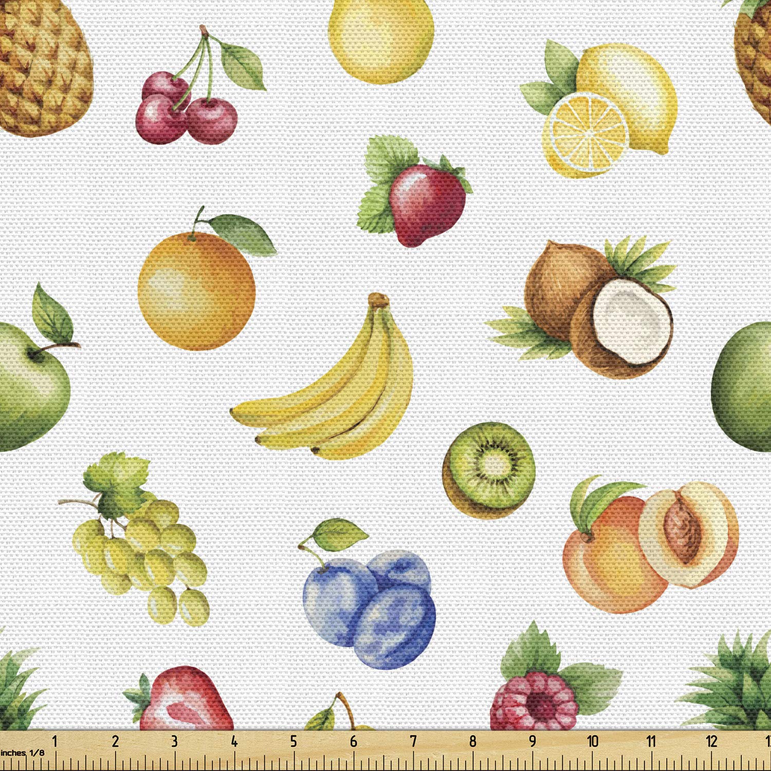 Lunarable Nature Fabric by The Yard, Watercolor Style Effect Fruits Like Banana Grape Lemon Plum Cherry Illustration, Decorative Fabric for Upholstery and Home Accents, 1 Yard, Green Yellow