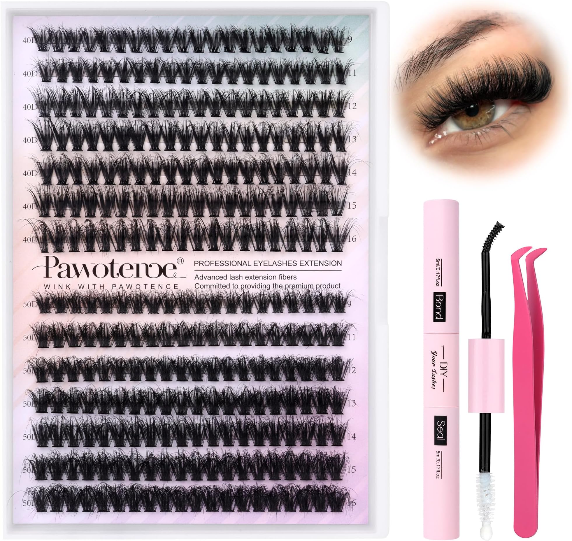 Pawotence Lash Extension Kit DIY Fluffy Individual Lash Clusters Kit D Curl with Lash Bond and Seal and Lash Applicator, 9-16mm Clusters Eyelash Extension Kit at Home (Fluffy 40D+50D-9-16MIX KIT)