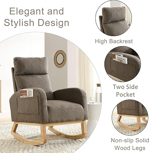 Miniatura 5 de Mecedora para guardería con patas de madera maciza, silla deslizante para guardería con dos bolsillos laterales, sillón mecedor para sala de estar y