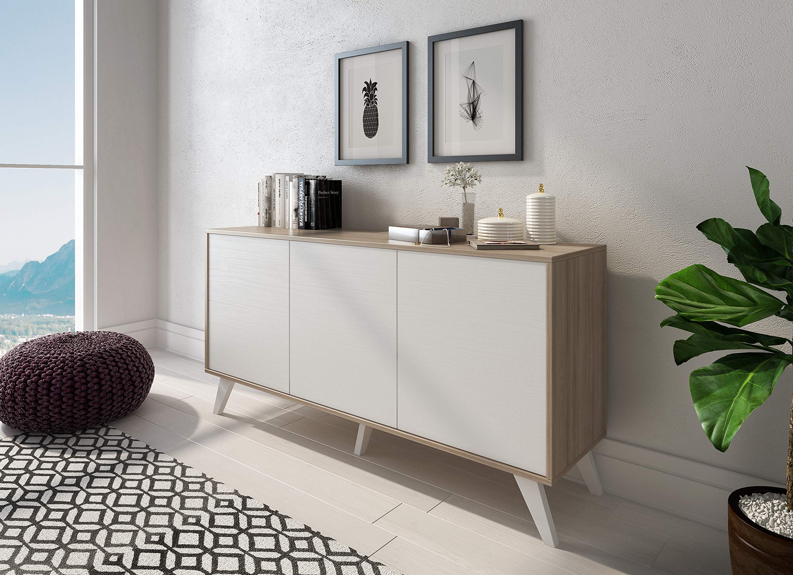Credenza Moderna Con 3 Ante Battenti Senza Maniglie Struttura Antigraffio Design Minimalista Ideale Per Soggiorno Salotto Ingresso O Open Space Facile Da Pulire E Da Montare (Bianco e Rovere)