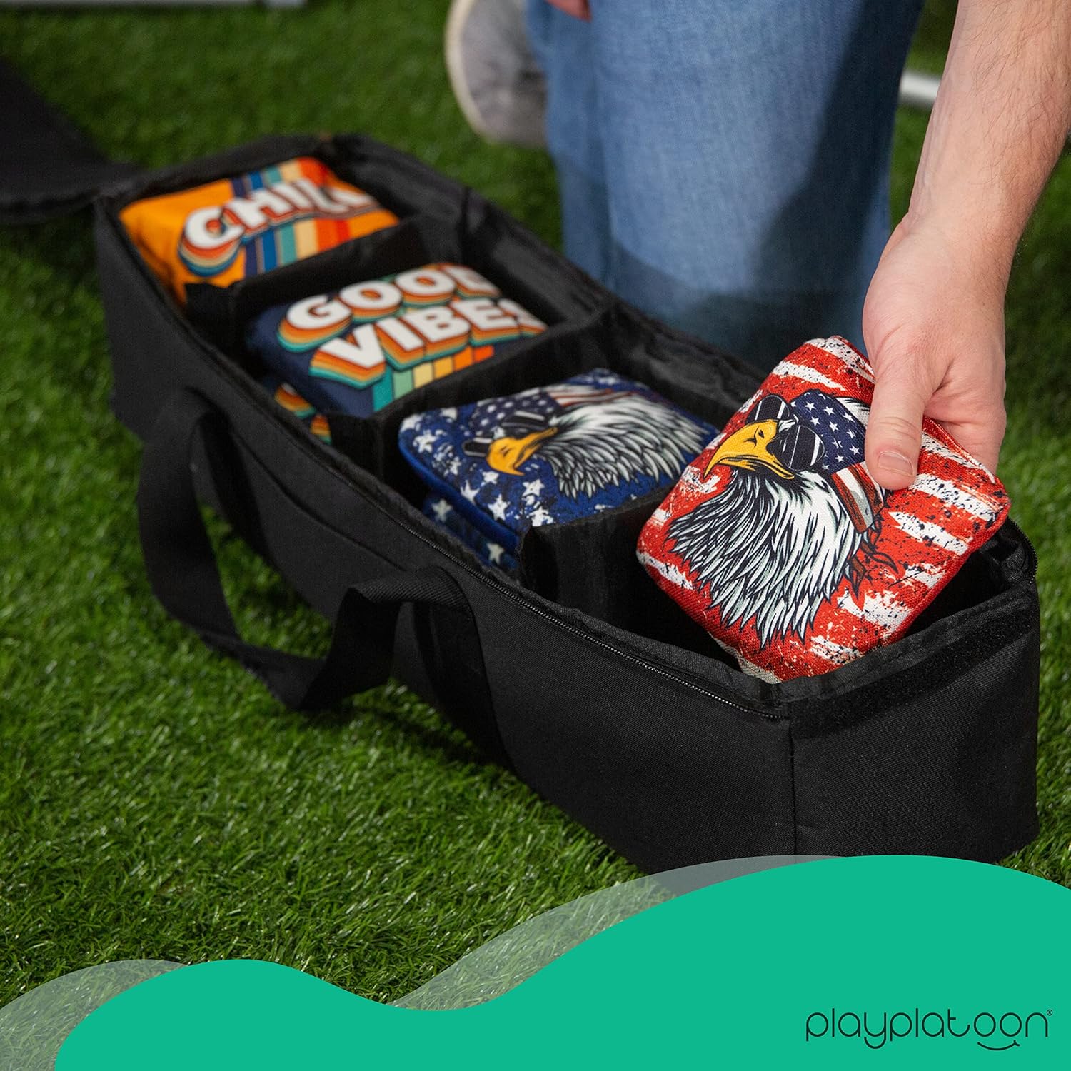 Play Platoon Set of 8 Army Star Tournament Cornhole Bags & Cornhole Duffel Carrying Bag
