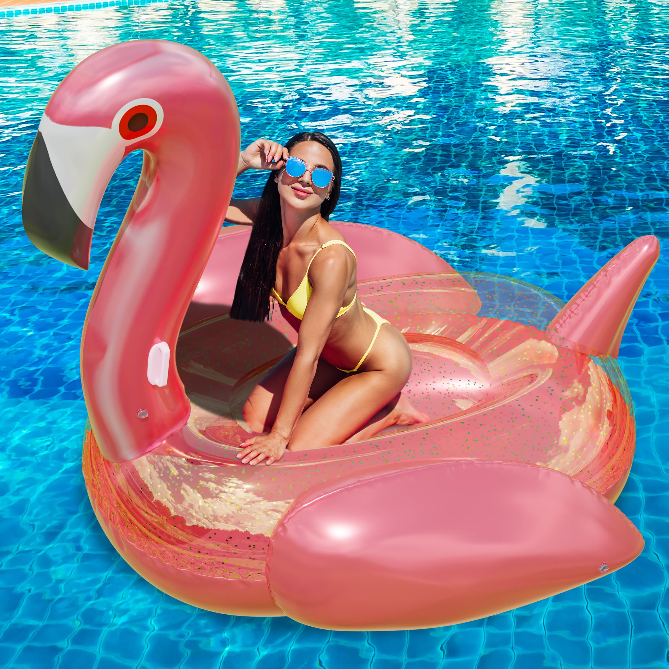 JAMBO Huge 78 x 70 Flamingo Ride On, Flamingo Pool Float, Giant Flamingo Float for Adults & Kids, Big Flamingo Raft, Flamingo Pool Party Accessory, Large Flamingo Pool Toy, Pink Flamingo Floatie