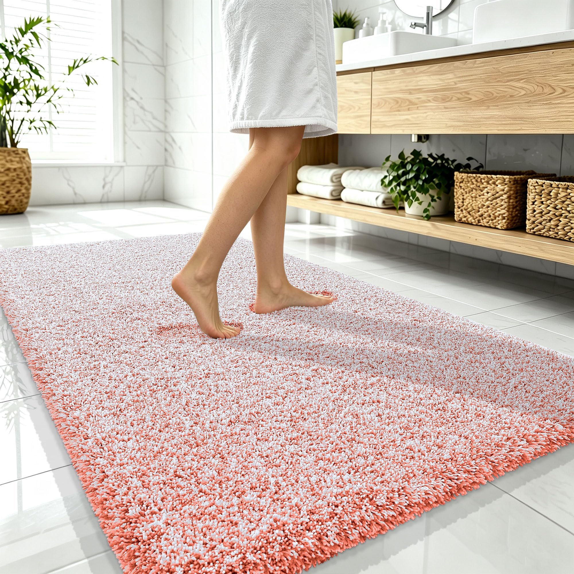 OLANLY Microfiber Bathroom Rugs 59x35, Quick Dry Bath Mat, Coral and White