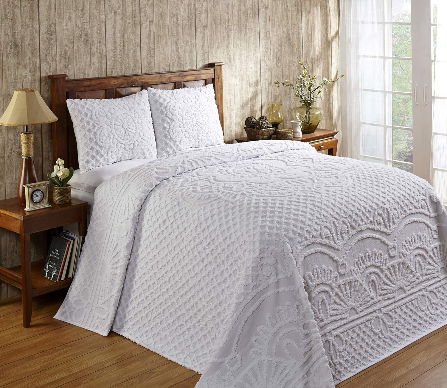 60% Off Discount Better Trends Trevor Collection is Super Soft and Light Weight in Medallion Design 100% Cotton Tufted Unique Luxurious Machine Washable Tumble Dry, Queen Bedspread Set, White