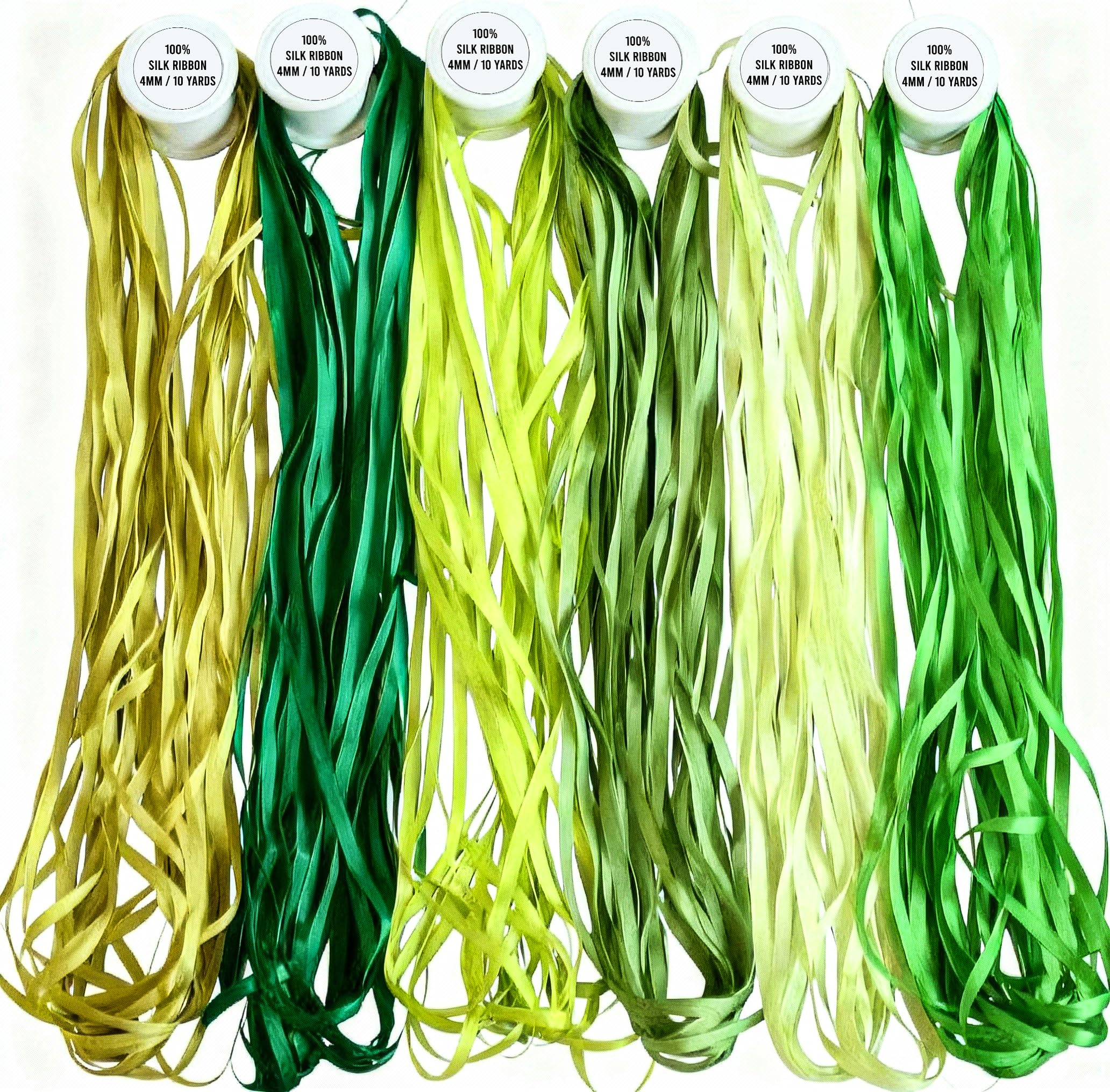 New ThreadNanny 6 Spools of 100% Pure Silk Ribbons - Green Tones - 60 MTS x 4mm