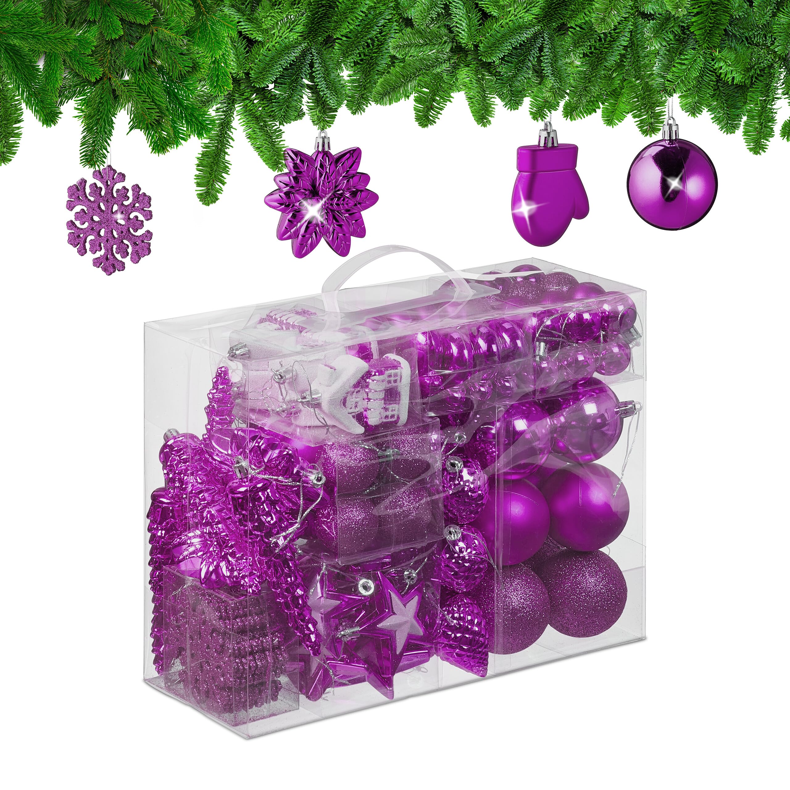Relaxdays Pink 100X Christmas Ornaments, Baubles, Glittering, Matte & Shiny, Tree Decorations, Plastic, 10 Designs,