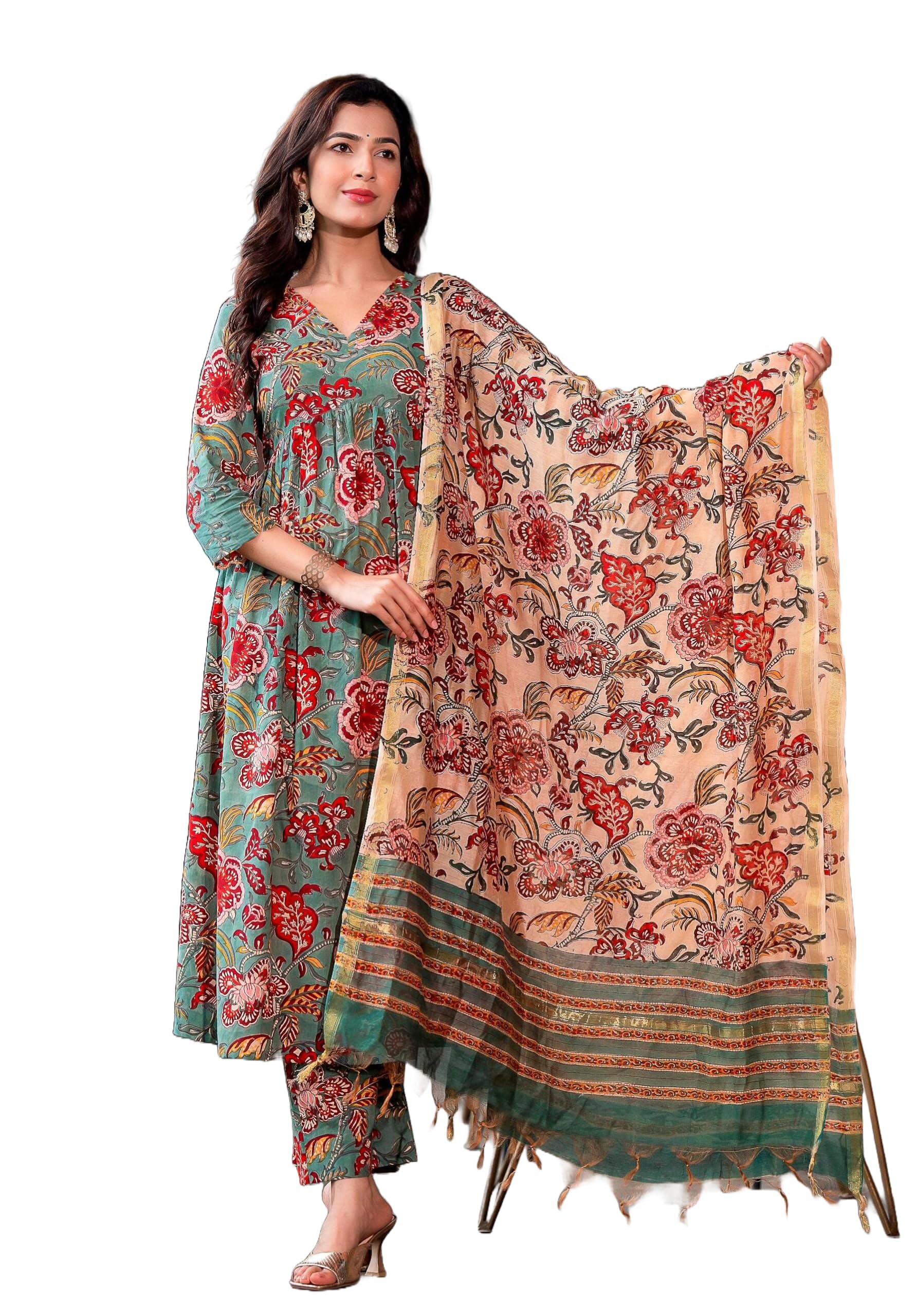 KLOSIA Women Floral Printed Anarkali Kurta and Pant Set with Dupatta