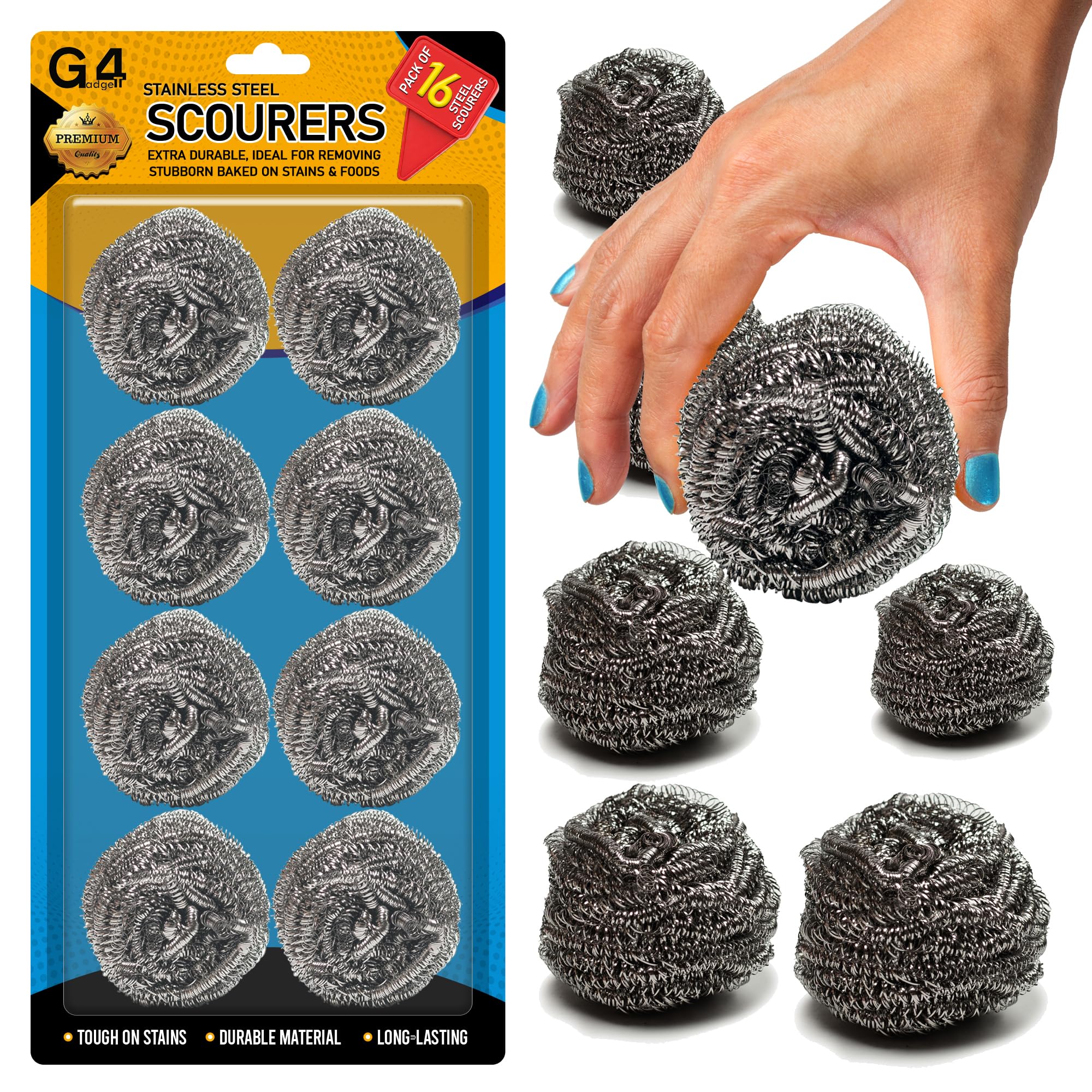 G4GADGET 16x Stainless Steel Scourers – Multi-Purpose Metal Scrubbers for Dishes, Pans, Grills & Household Cleaning – Durable, Rust-Free Wire Wool Balls for Heavy Duty Use