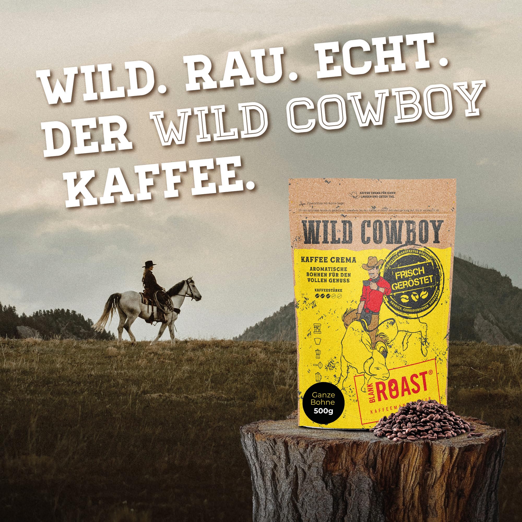 Blank Roast - Wild Cowboy Kaffee - Kaffeebohnen 1kg (3er Pack) - mit Hickoryholz geröstet - Ganze Kaffeebohnen aus Brasilien & Uganda - 100% Arabica-Blend mit schokoladigen Nuancen - säurearm