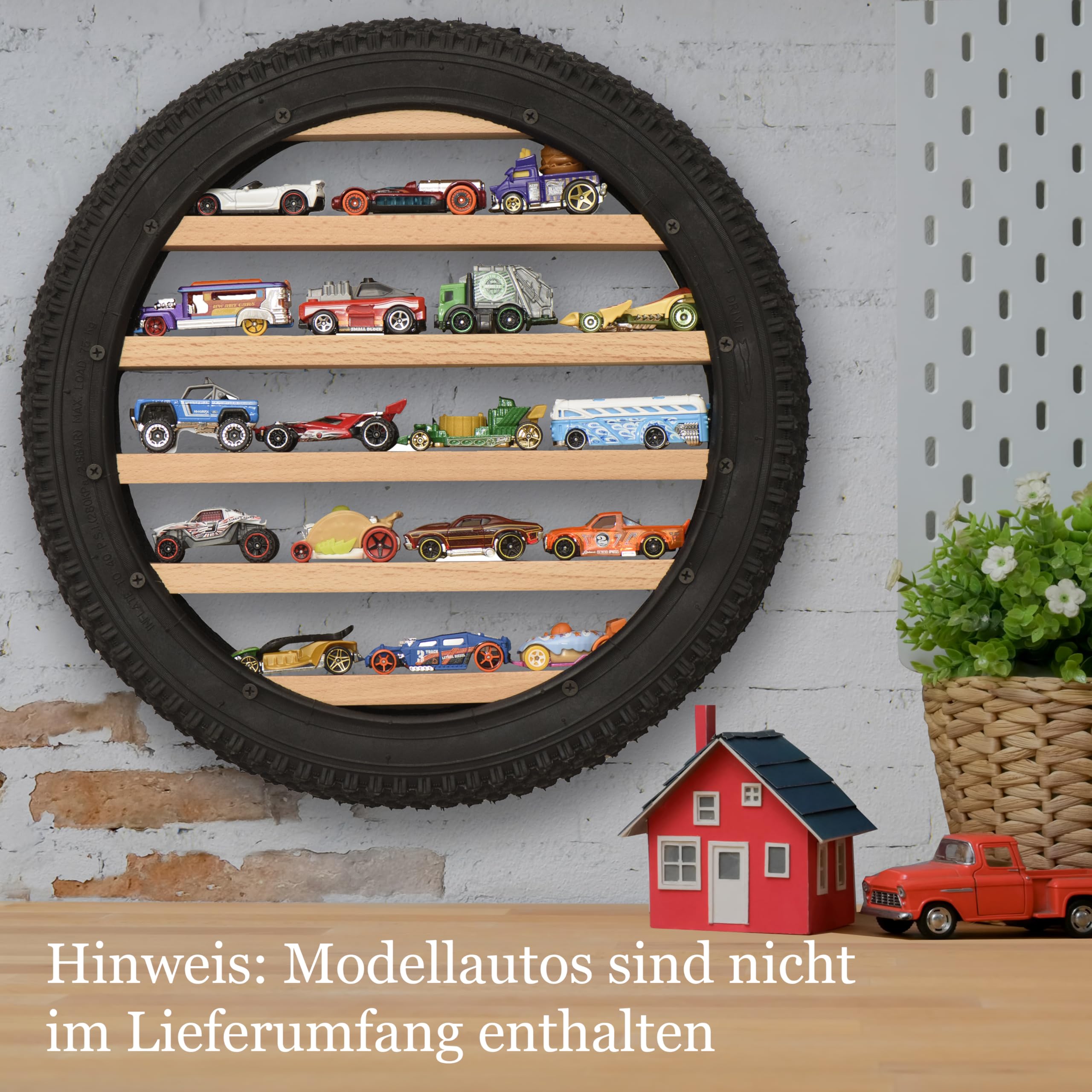 Tapeera Modellauto Vitrine im Reifen-Design – Wandregal für Spielzeugautos – Holz Regal für 18 Diecast Autos im Maßstab 1:64 – kompatibel mit Hot Wheels & Matchbox – Ø 40 cm