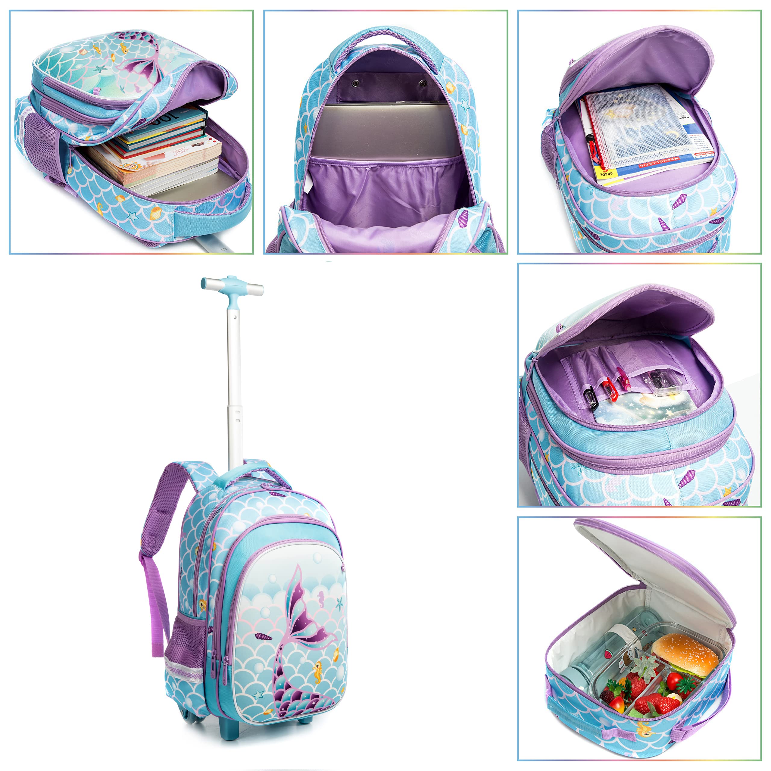 HTgroce Zaino per bambini con rotelle, zaino per la scuola per ragazze, università, studenti, viaggi, viaggi, scuola, bambini, zaino con ruote, bagaglio per laptop, con portapranzo, astuccio per