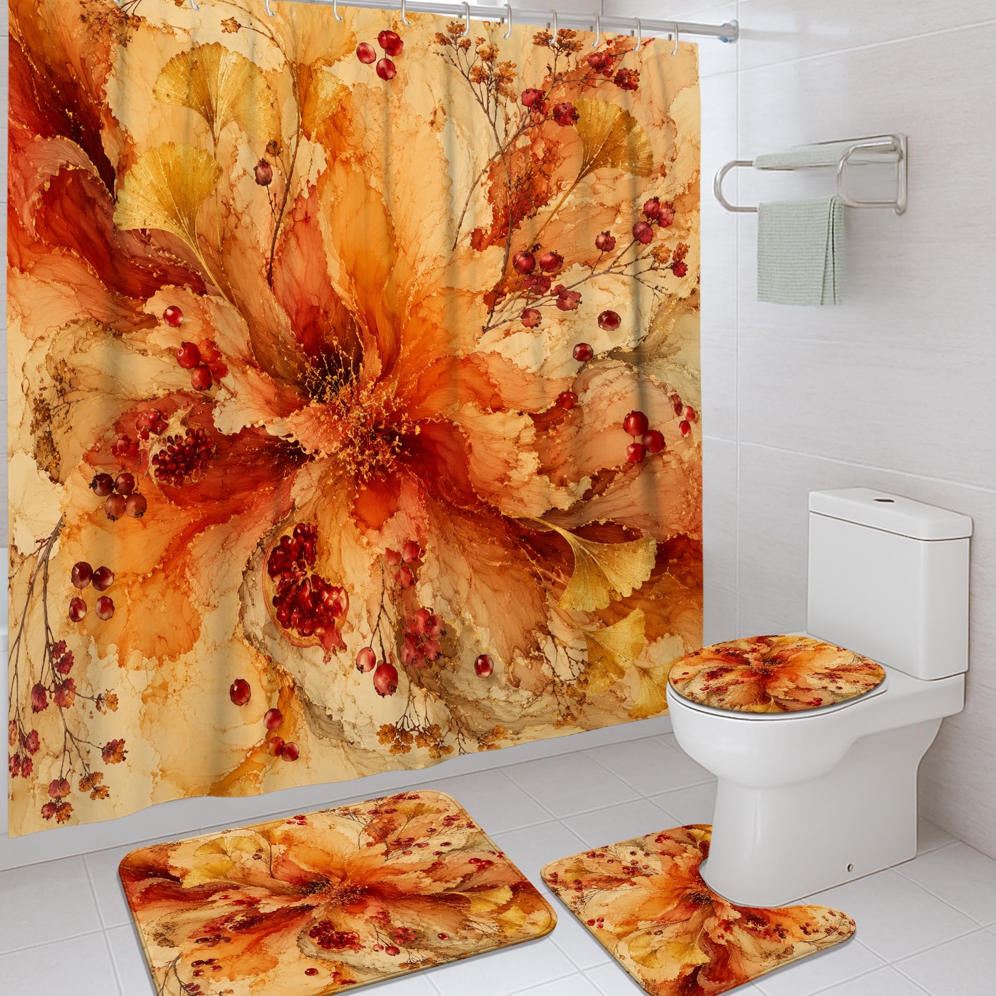 Rideau de douche anti-odeur en tissu épais motif floral automnal