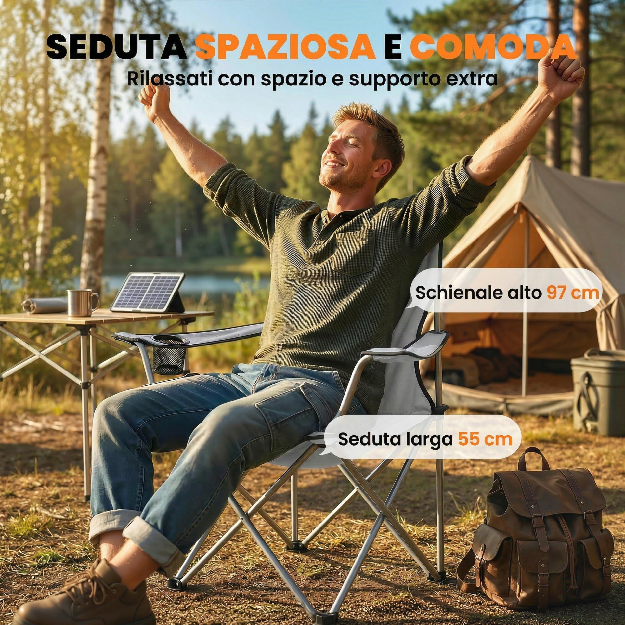 Outsunny Set di 2 Sedie da Campeggio Schienale Alto Spiaggia Grigio | Borse di Trasporto, Sedie Pieghevoli Portatili, Portabicchieri, Metallo e Tessuto Oxford, per Esterni Picnic Giardino