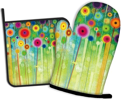 Guantes de cocina abstractos florales para pintura de flores, guantes de cocina y soportes para ollas de cocina, juego de 2 piezas, almohadilla