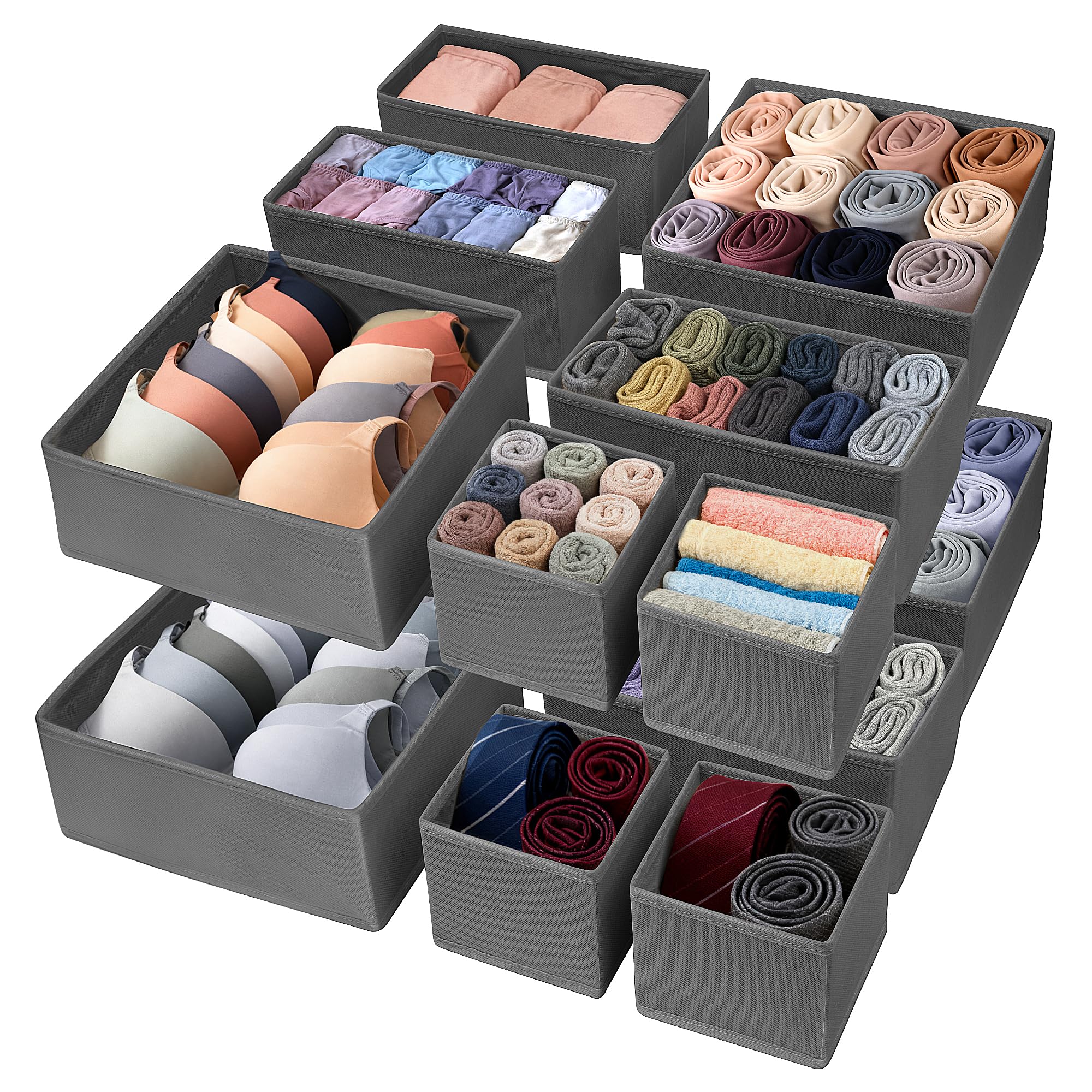 Vivantia 12 Pack Fabric Drawer Organisers for Clothes 3 Sizes Foldable Wardrobe Storage Organiser Bins Underwear Drawer Dividers Clothes Storage Boxes for Socks Ties Shirts Pants, Grey