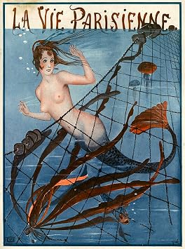 1920s La Vie Parisienne Mermaid - Blue French Nouveau from a Magazine France Travel Advertisement Picture Art Collectible Wall Decor Poster Print Poster measures 10 x 13.5 inches.