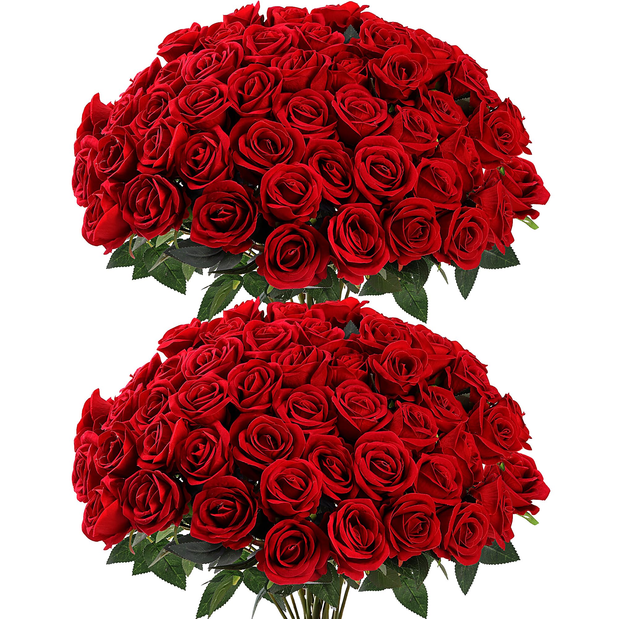 Photo 1 of Sggvecsy 50 Pcs Artificial Roses Red Flowers Fake Velvet Silk Roses with Stems Bulk Realistic Faux Flowers for Bridal Bouquets Wedding Centerpieces Valentines Day DIY Home Party Decor (Red)