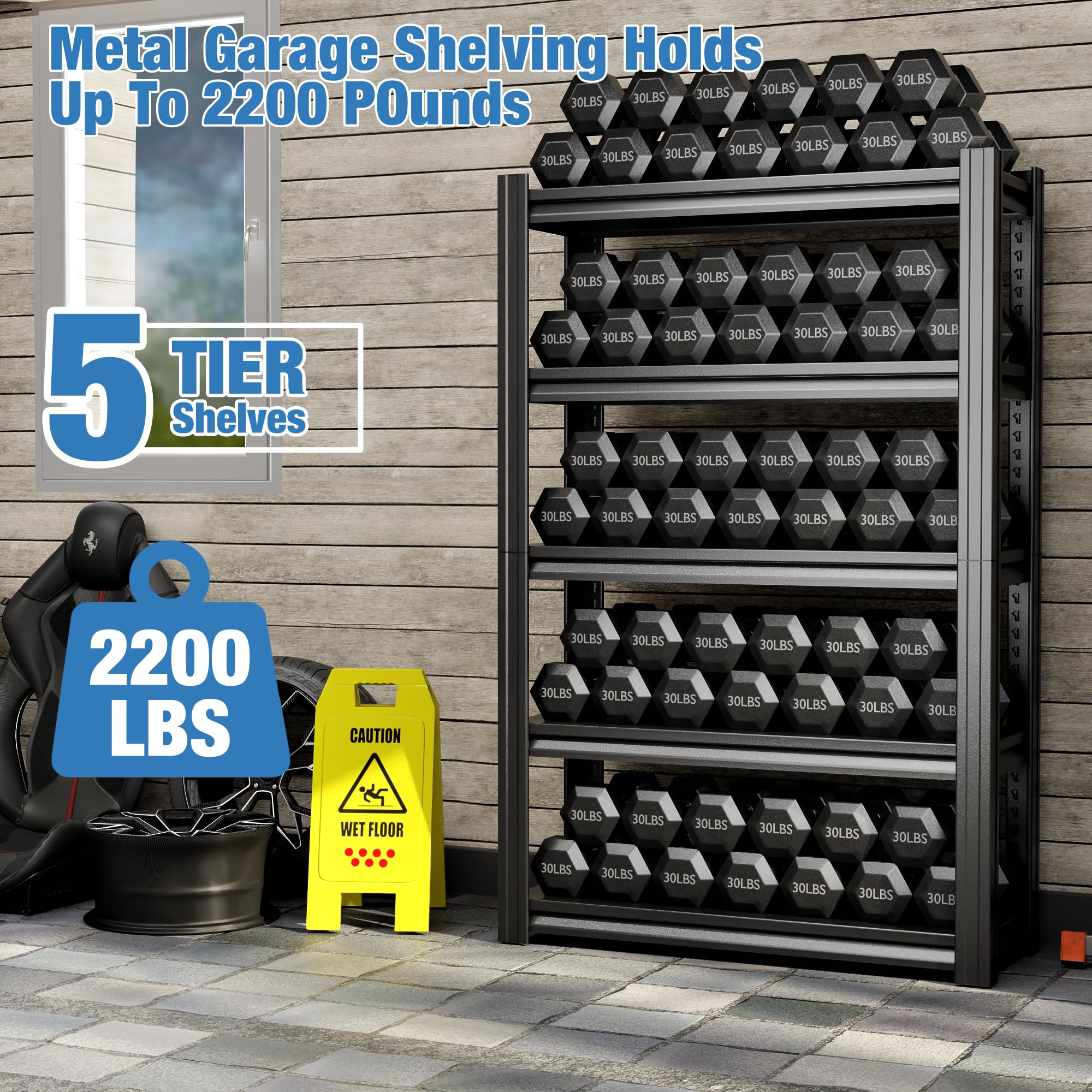SUPEER - Scaffale per carichi pesanti in metallo, 183 x 120 x 45 cm, con 5 ripiani in metallo regolabili | Scaffalatura per cantina e officina | Portata fino a 1200 kg | Nero