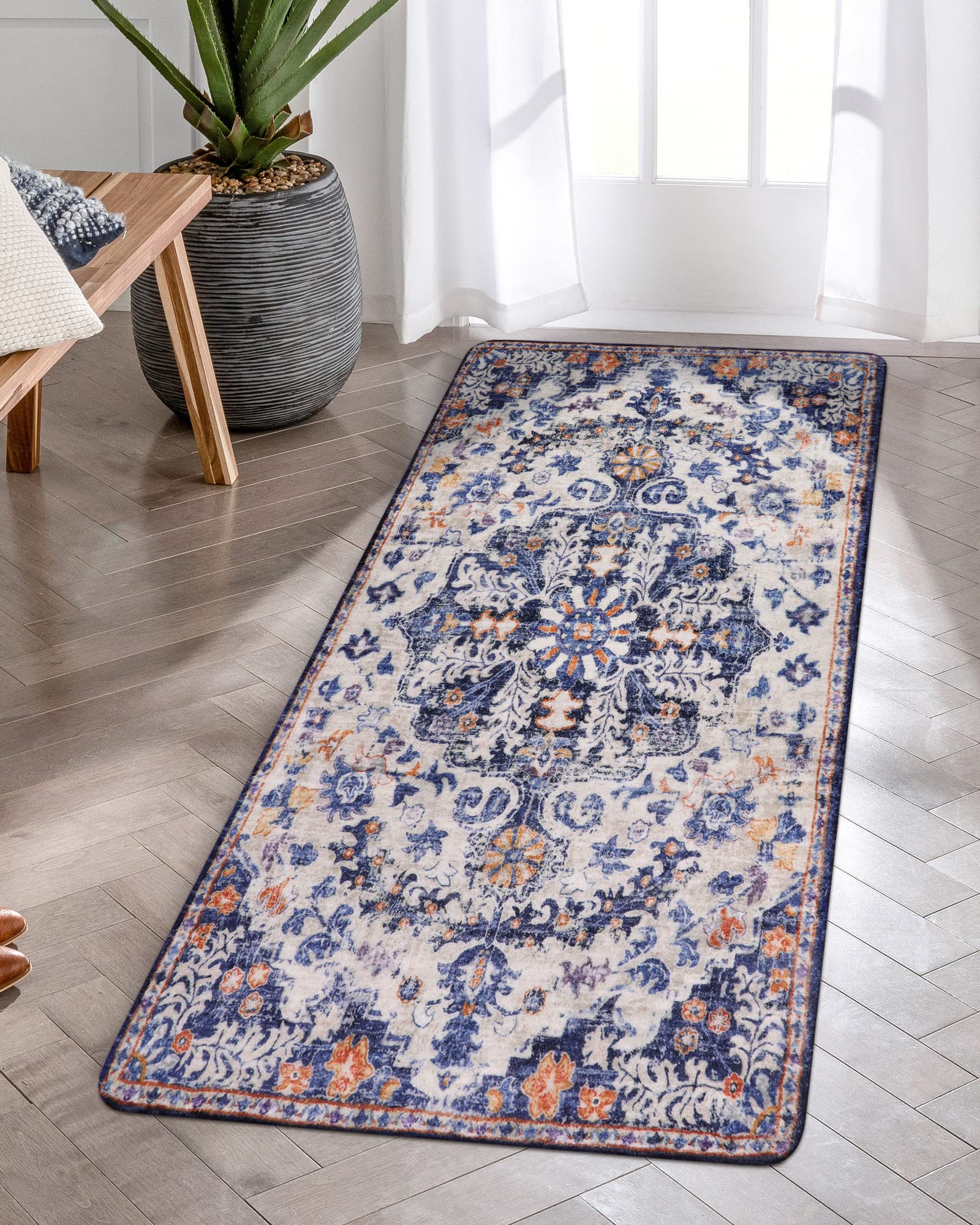 Lahome Bohemian Floral Medallion Runner Rug - 2x4 Blue Soft Bathroom Rug Runner Entry Way Mat, Washable Non Skid Laundry Room Carpet Runner for Living Room Dining Room Kitchen Entrance