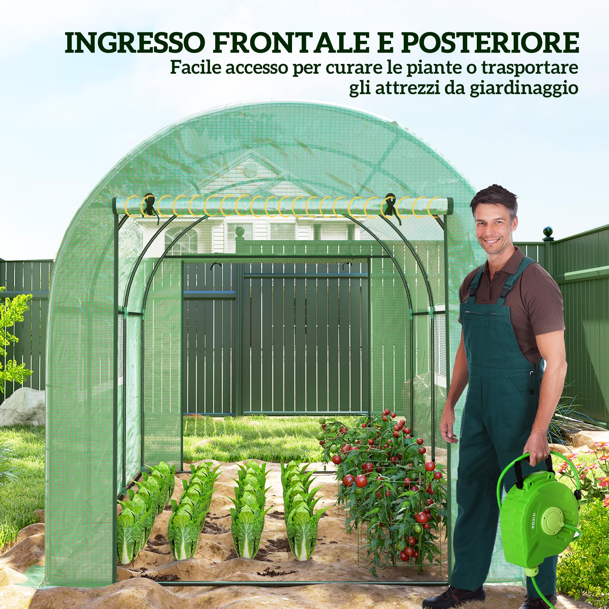 Outsunny Serra da Giardino a Tunnel 3x2x2 m con Porte e Finestre Avvolgibili, Serra per Orto con Struttura in Acciaio e Copertura PE, per Orto Verdure Fiori Frutta, Anti UV, Verde