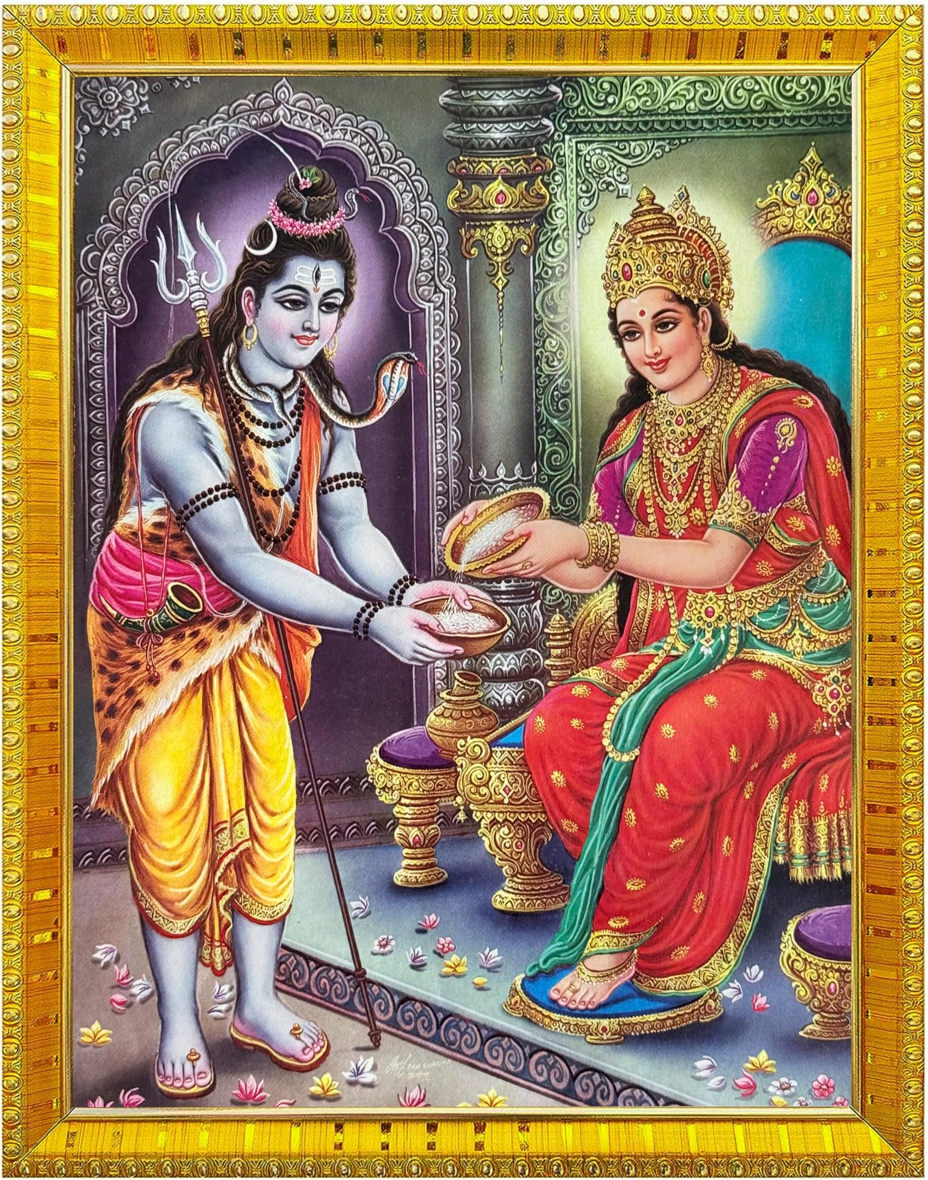 Koshtak Load Shiva & Maa Annapurna Devi 玉座に座るフォトフレーム ラミネートポスター付き 法会の部屋 寺院 礼拝/壁掛け/ギフト/ホームデコレーション用 (30 x 23 cm)