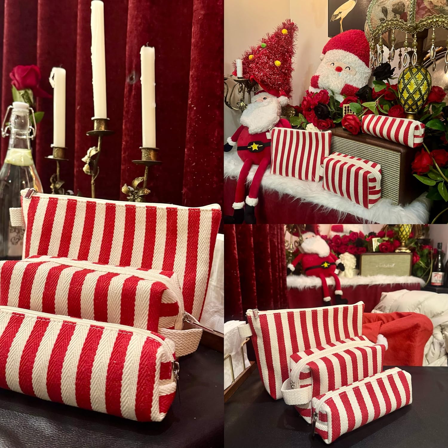 3 Pcs Makeup Bag Set Striped Canvas Purse Cosmetic Bag For Women Travel Toiletry Pouch Organizer pencil case (Blue-White) - Image 4