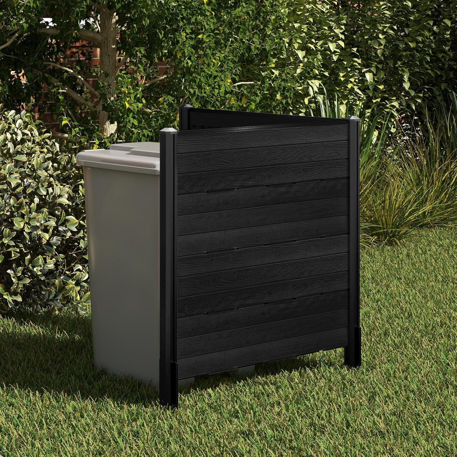 Happygrill Air Conditioner Fence 2 Panels, 48” L x 46” H Pool Equipment Enclosure w/ 5 Ground Stakes, Freestanding Trash Can Enclosure, Outdoor Privacy Fence Screen for Garden AC Unit Pool Pump, Black