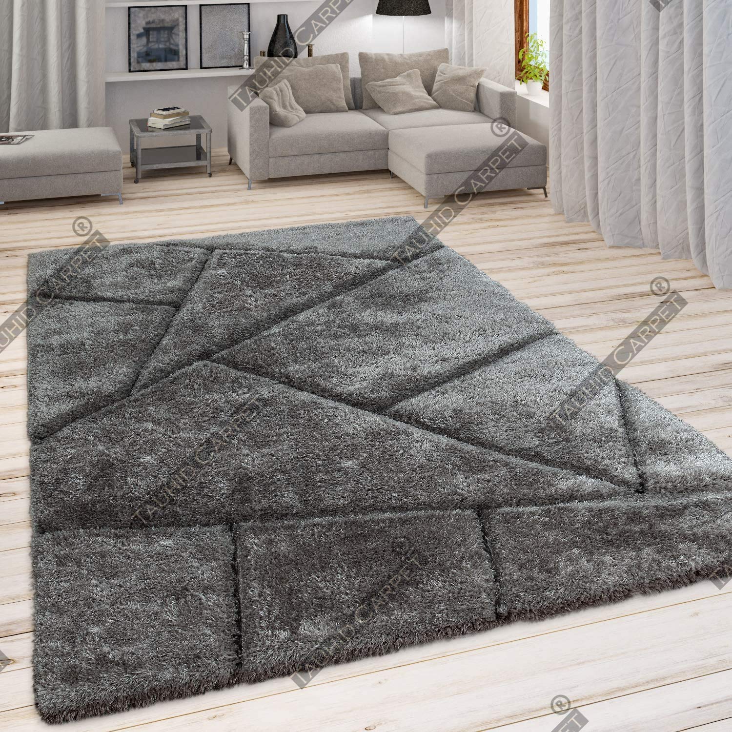 Modern Geometric Area Rug, Shag Texture, Multi-Colour Pattern DGN with Extra Softness and Smooth, Silky Feel, for Living Room Carpet, Etc.clr-DGN (3D Pattern Grey Modern),1, Size 2x6 feet