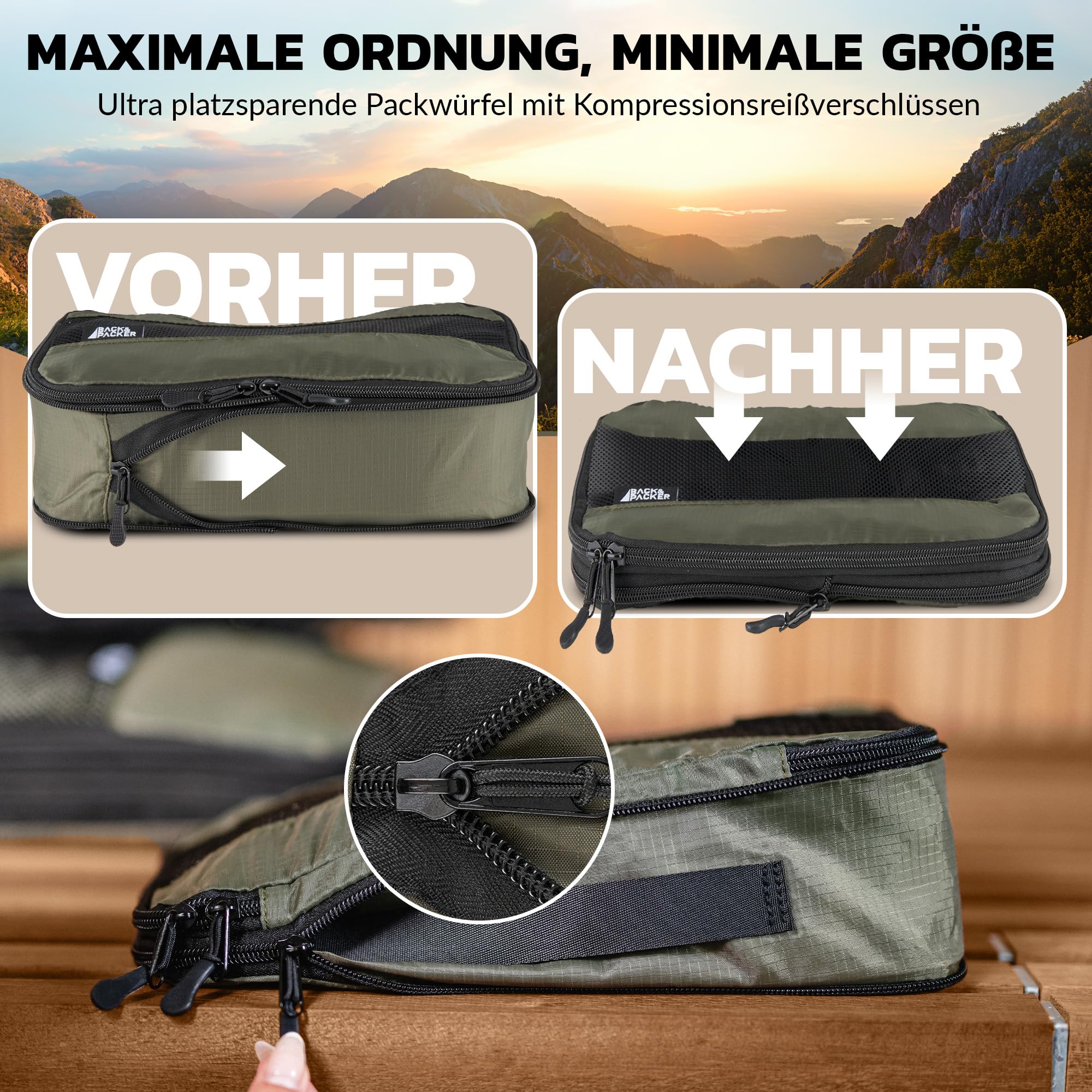 BACK&PACKER® Organizer da viaggio con compressione, set da 6 pezzi in materiale riciclato per zaino e valigia, verde oliva