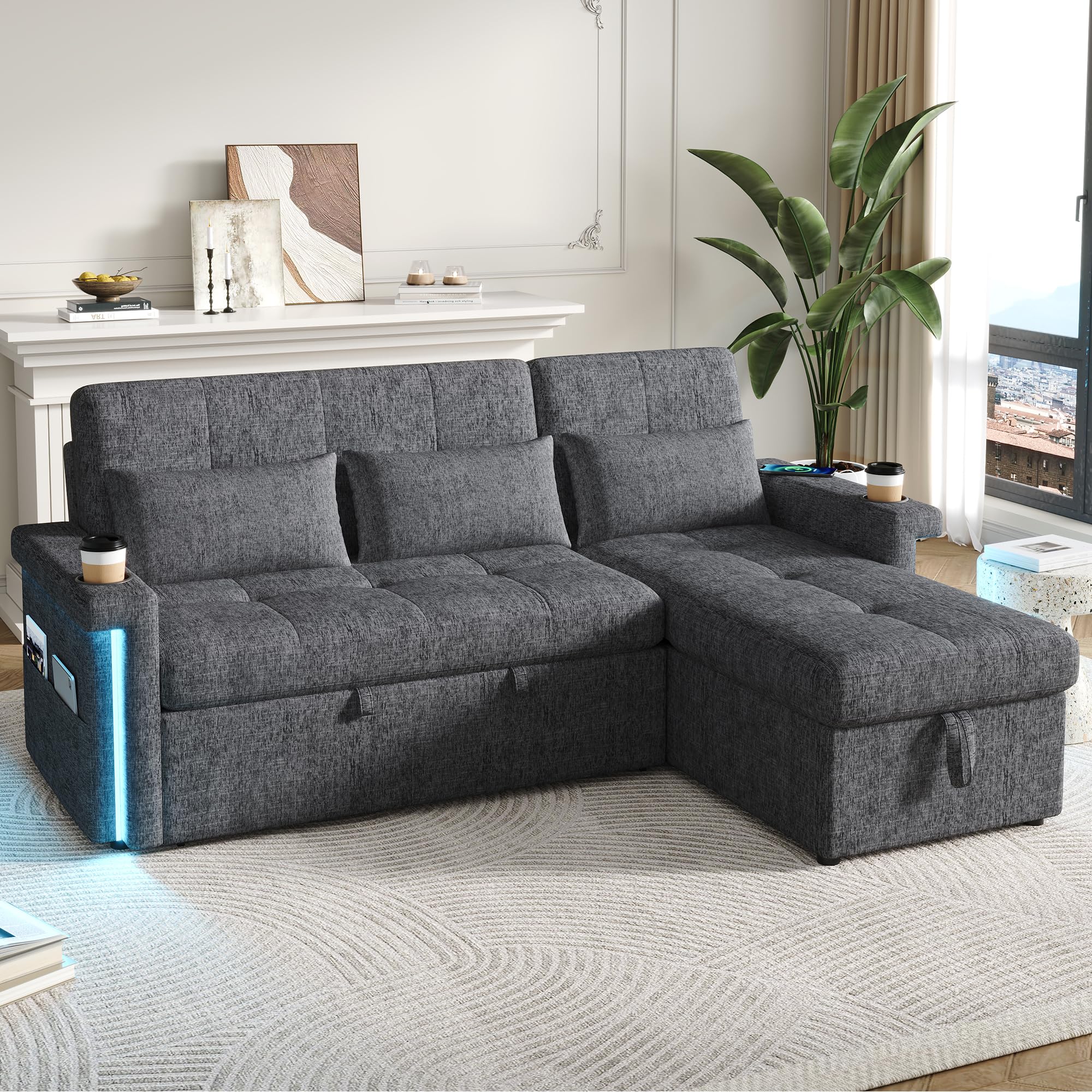 Divano ad angolo con funzione letto, 3 posti, divano L piccolo, divano ad angolo con illuminazione e prese USB, divano con spazio di archiviazione, schienale regolabile – soggiorno, grigio+