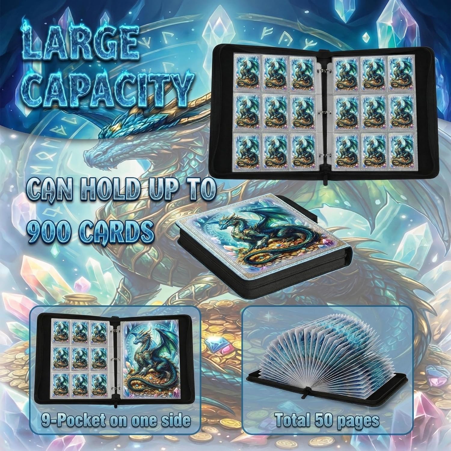 Trading Card Binder 9 Pocket, Light Blue Dragon Card Binder Holds 900 Cards with 50 Removable Sleeves, Waterproof PU Leather Zipper Card Collector Album Book Compatible with TCG/Sports/Baseball Cards