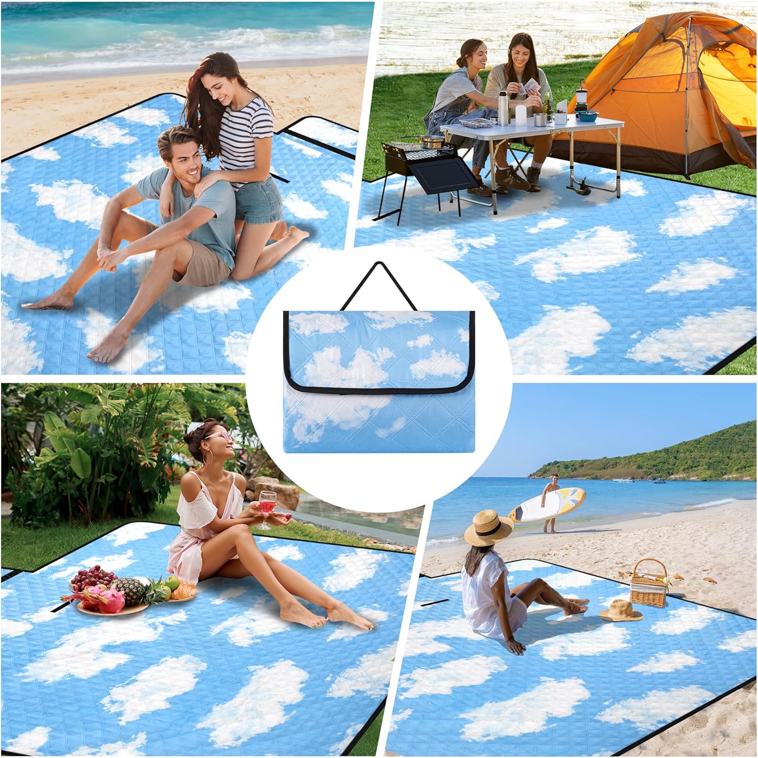 Picnic Blankets, 79''x79'' Extra Large Beach Blanket Waterproof Sandproof, Foldable & Portable Outdoor Mat 3-Layer Beach Blanket for Family Camping, Park, Travel, Backyard, Grass Lawn-Clouds - Image 4