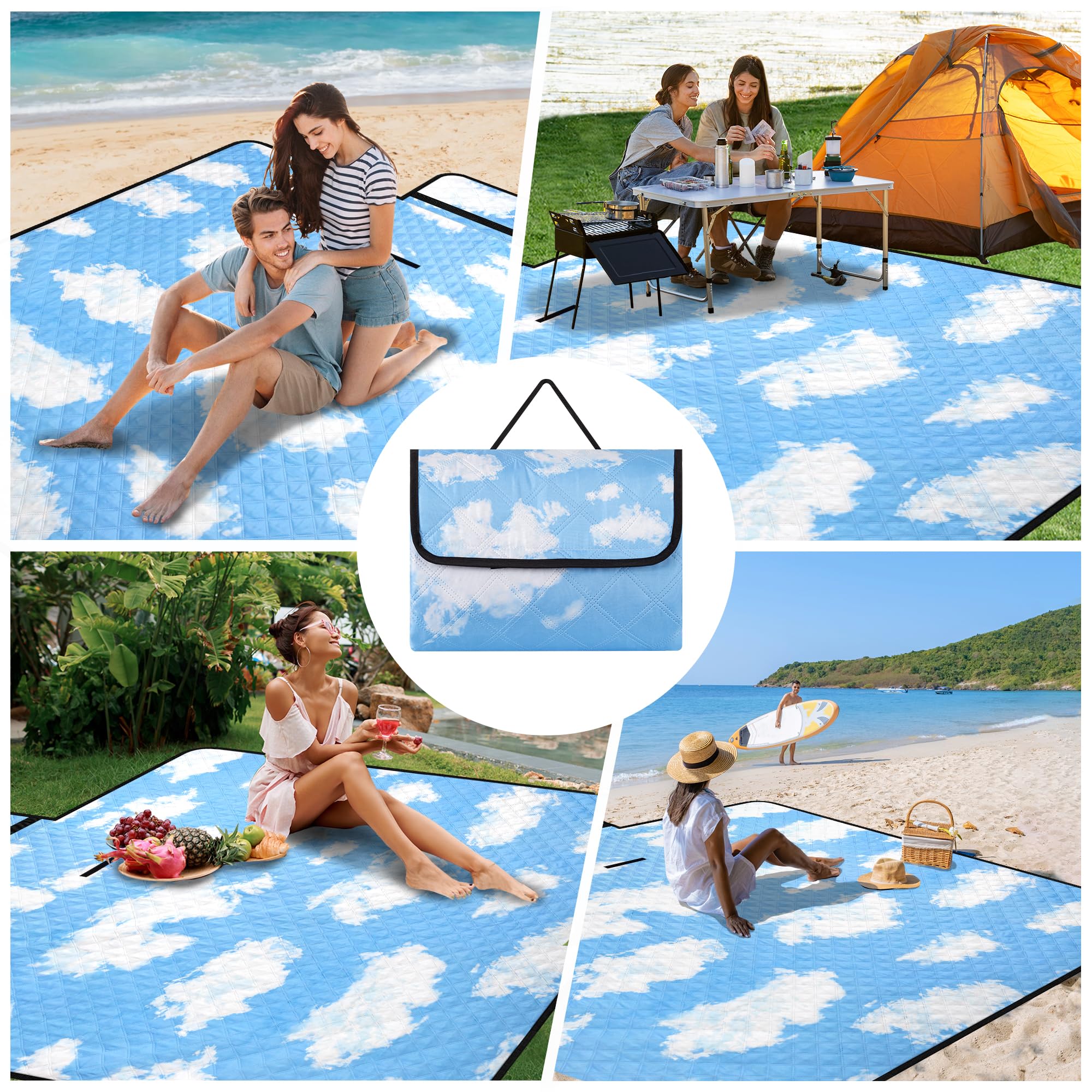 Picknickdecke, 200 x 200 cm, extra große Stranddecke, wasserdicht, sanddicht, faltbar und tragbar, Outdoor-Matte, 3-lagige Stranddecke für Familie, Camping, Park, Reisen, Hinterhof, Rasen
