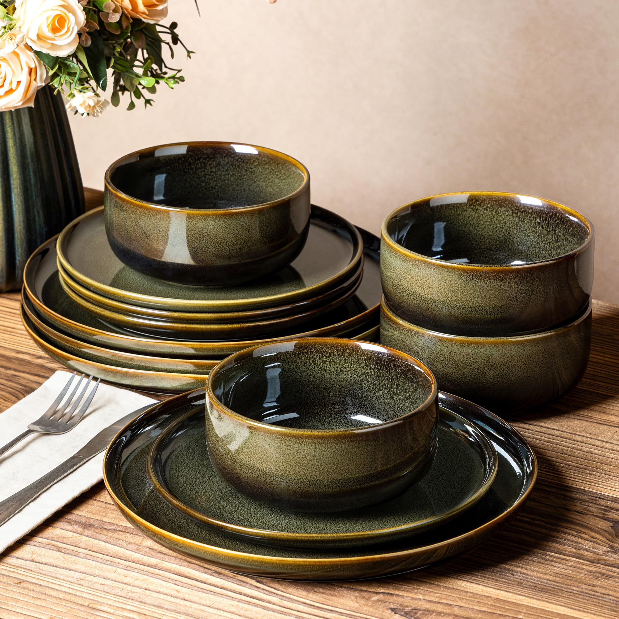 TheTerra Ceramic Dinnerware Set for 4, 12-Piece Plates and Bowls Set | Handmade Reactive Glaze Dish Set, Scratch Resistant, Oven &amp; Microwave &amp; Dishwasher Safe, Olive Green
