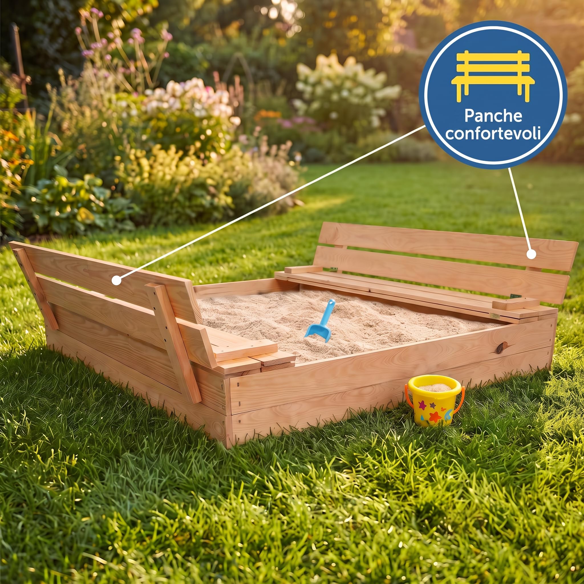 VELORA H&L Arenero Infantil de Madera con Tapa y 2 Bancos 120 x 120 cm – Caja de Arena 2 en 1 para Niños, Jardín y Exterior, Tela de Fondo Incluida
