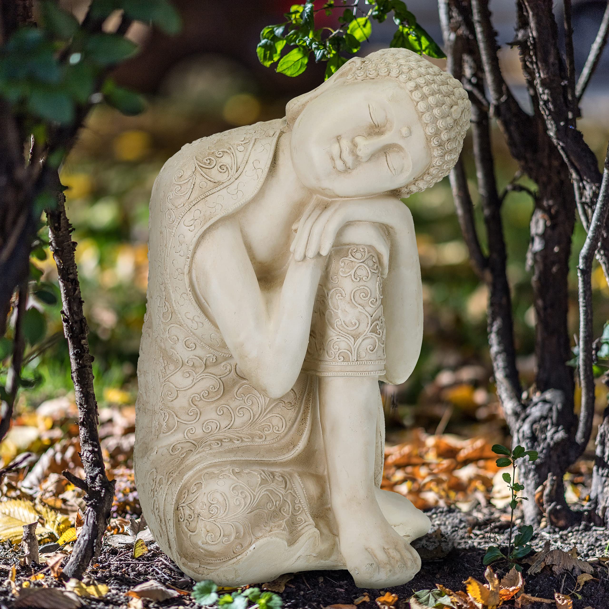 Relaxdays Figura di Buddha per Giardino, Resistente alle Intemperie, Buddha Inchinato, Poliresina, 61x40,5x38 cm, Bianco