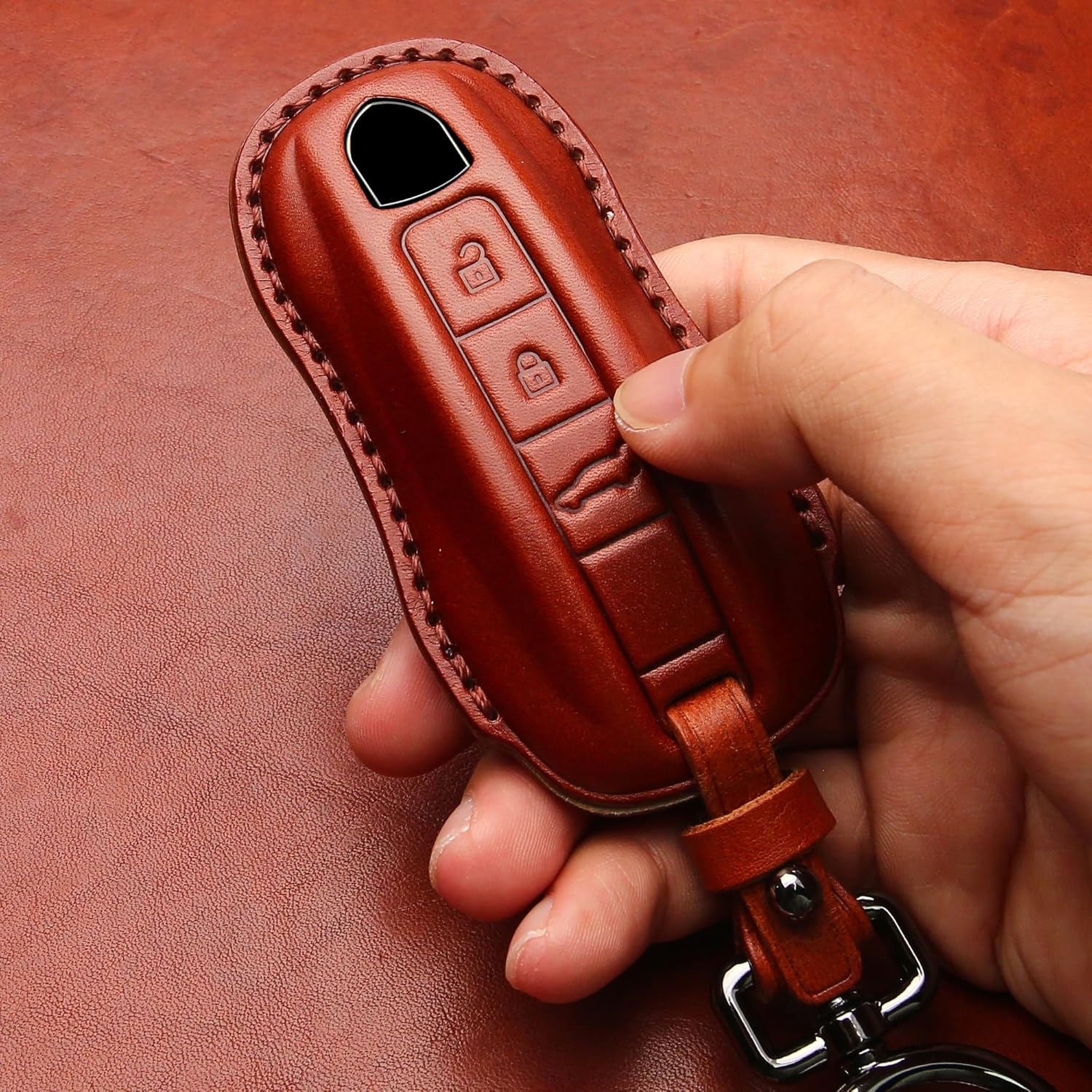 Tukellen for Porsche Leather Key Fob Cover with Keychain Key Shell Compatible with 2020-2024 Panamera, Cayenne, Macan, 918-Brown - Image 6
