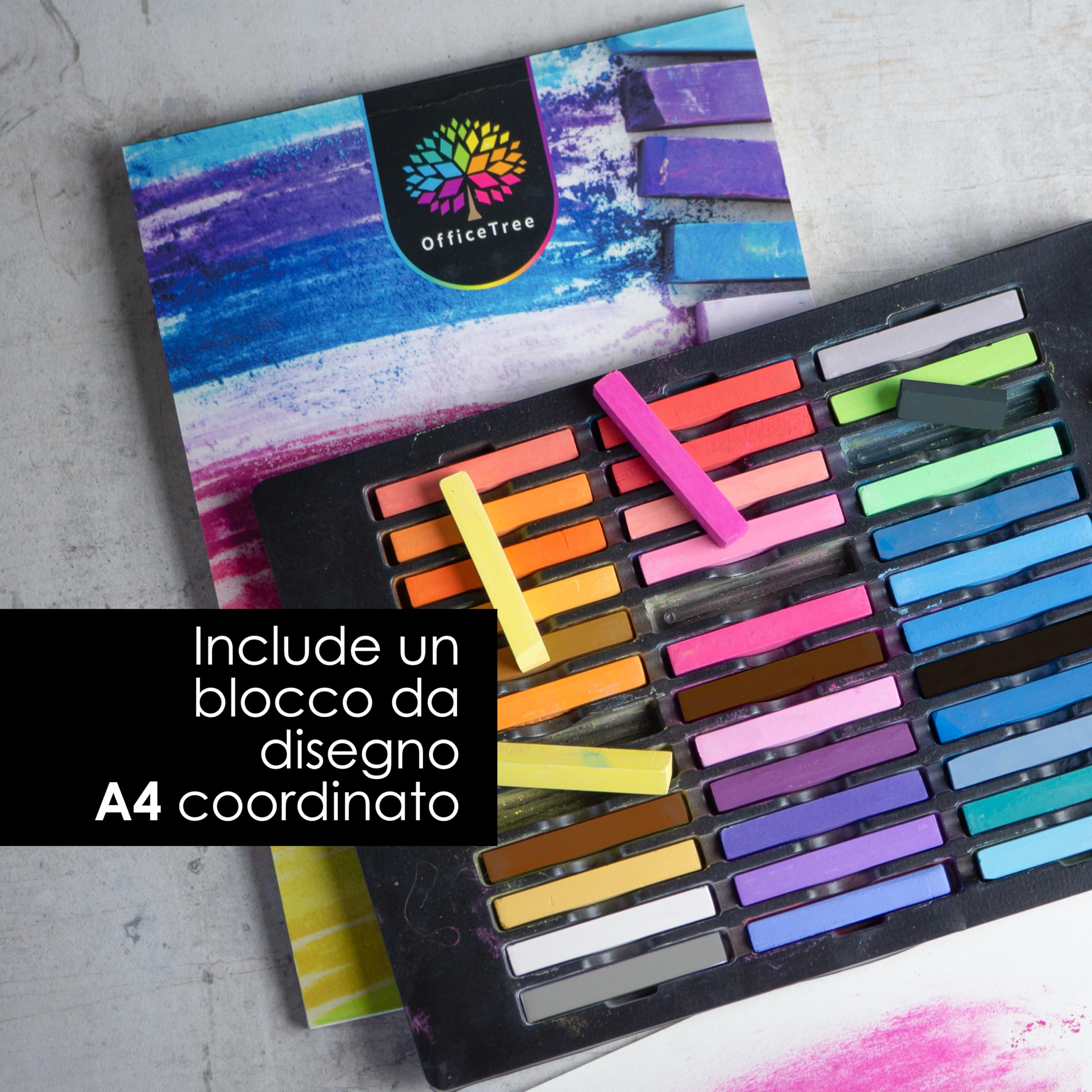 OfficeTree 36 pastelli a gesso per artisti, pastelli morbidi con blocco per schizzi, colori vivaci, set di pastelli