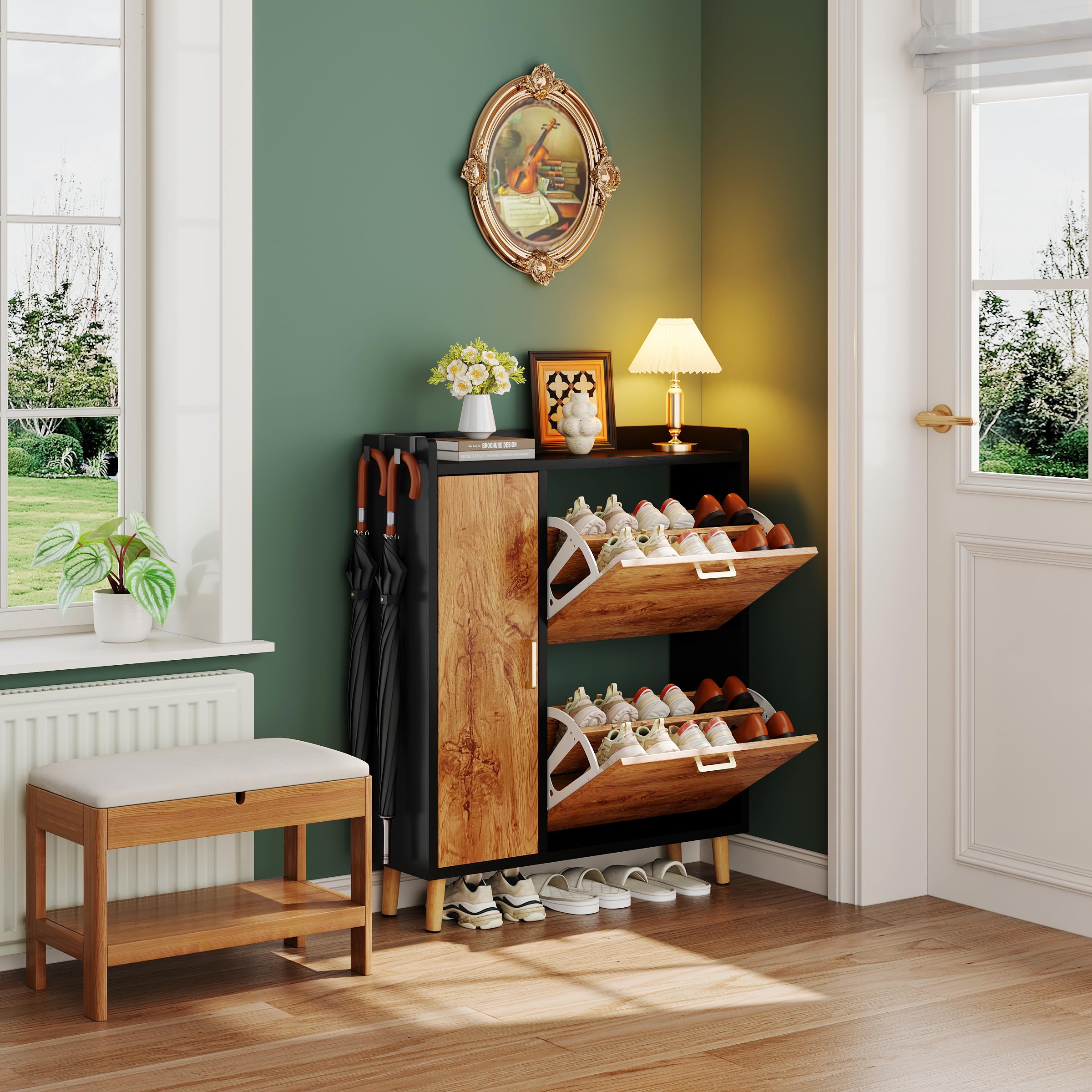 Scarpiera Salvaspazio Slim Con 3 Ante, Divisori Regolabili può Contenere Stivali, Scarpiera Ingresso Con Maniglie & 4 Gambe in Legno Massello Per Porta, Corridoio, Atrio (80x96x24cm, Nero)