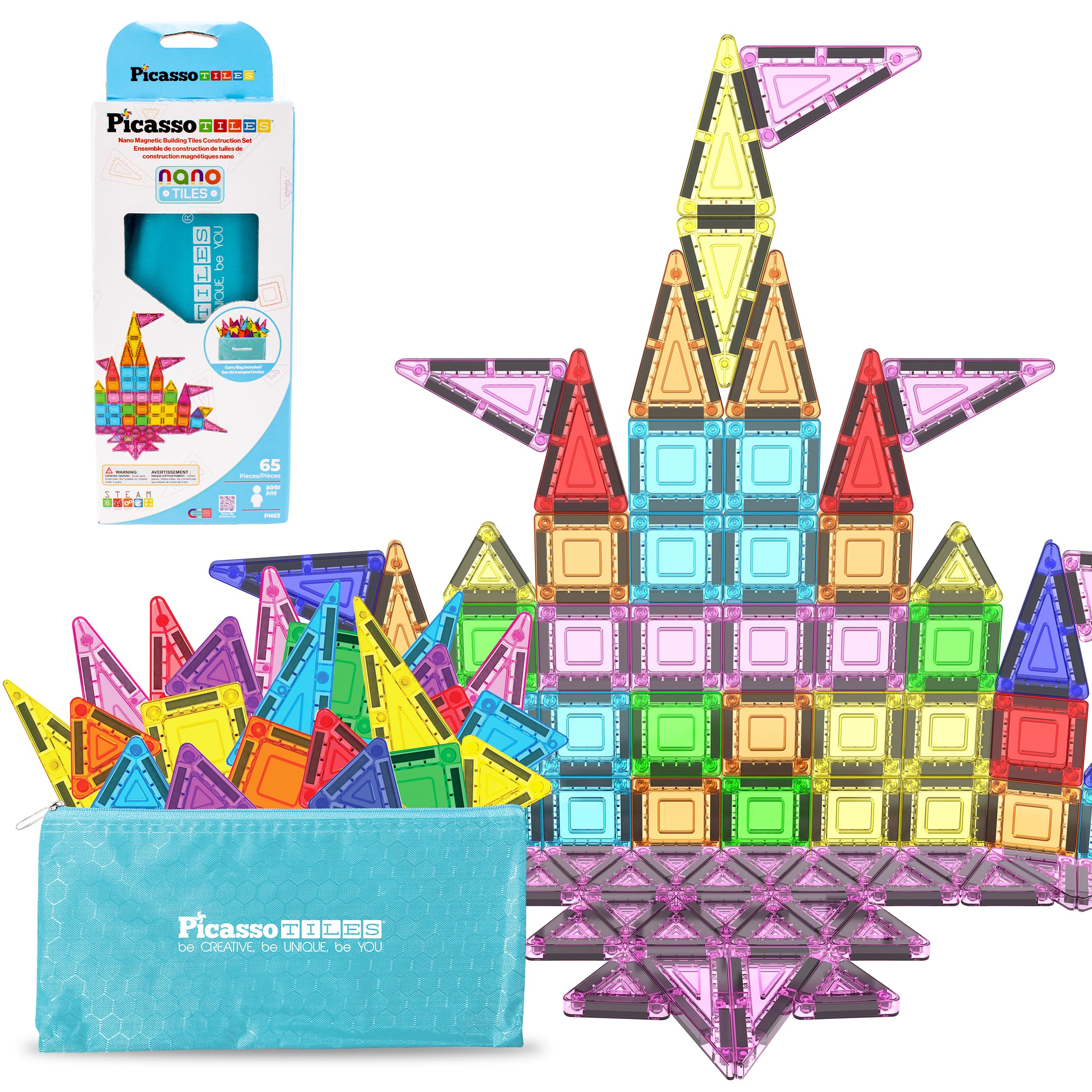 PicassoTiles Juego de 65 piezas de bloques de construcción de juguete portátil de tamaño de viaje nano magnético con bolsa de almacenamiento STEM Montessori para aula, azulejos magnéticos apilables