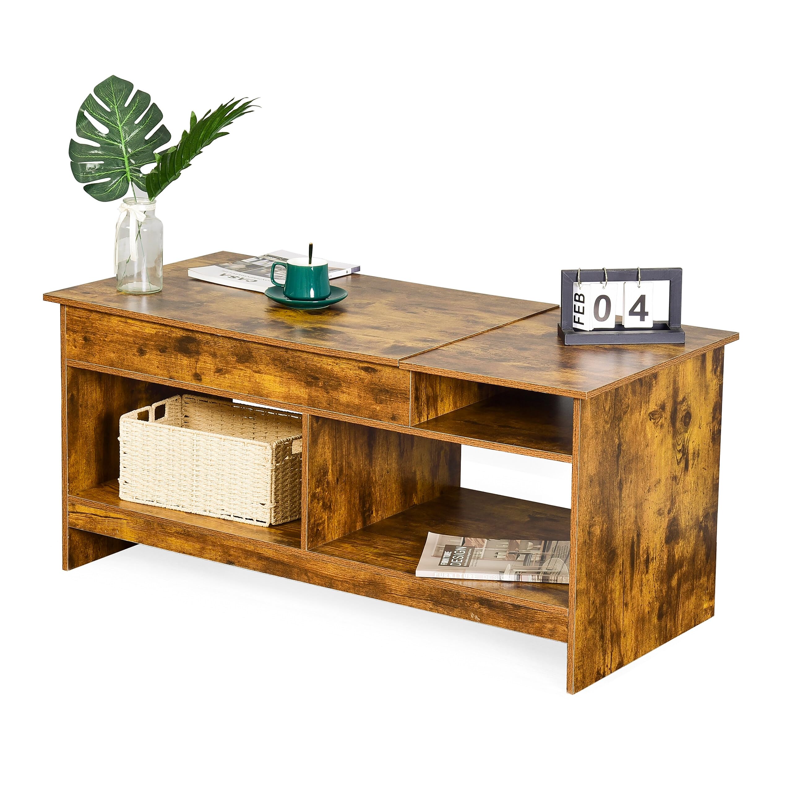 Table Basse Relaxdays à Plateau relevable, H x L x P : 50 x 110 x 50 cm, Table de Salon avec Rangement, Couleur Marron.