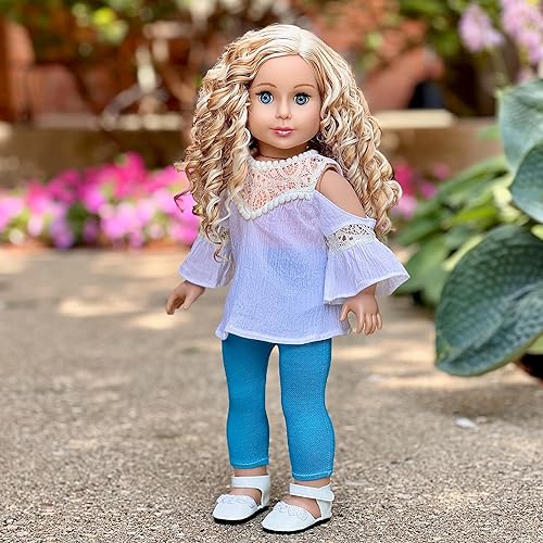 Miniatura 3 de Trendy Girl - Ropa de muñeca de 18 pulgadas, traje de 3 piezas, blusa de algodón blanco, leggings turquesa y zapatos blancos (muñecos no incluidos)