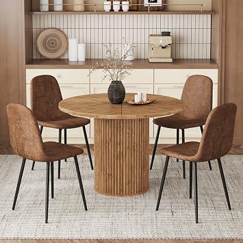 JUFU 42 Round Dining Table Set for 4, Modern Farmhouse Wooden Dining Table with Fluted Pedestal Base, Space-Saving Kitchen Table and Chairs Set for Dining Room, Living Room