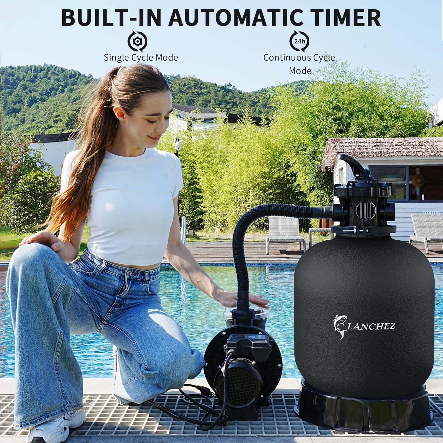 Image showing a person adjusting the built-in automatic timer on the LANCHEZ pool pump, with labels for Single Cycle Mode and Continuous Cycle Mode.
