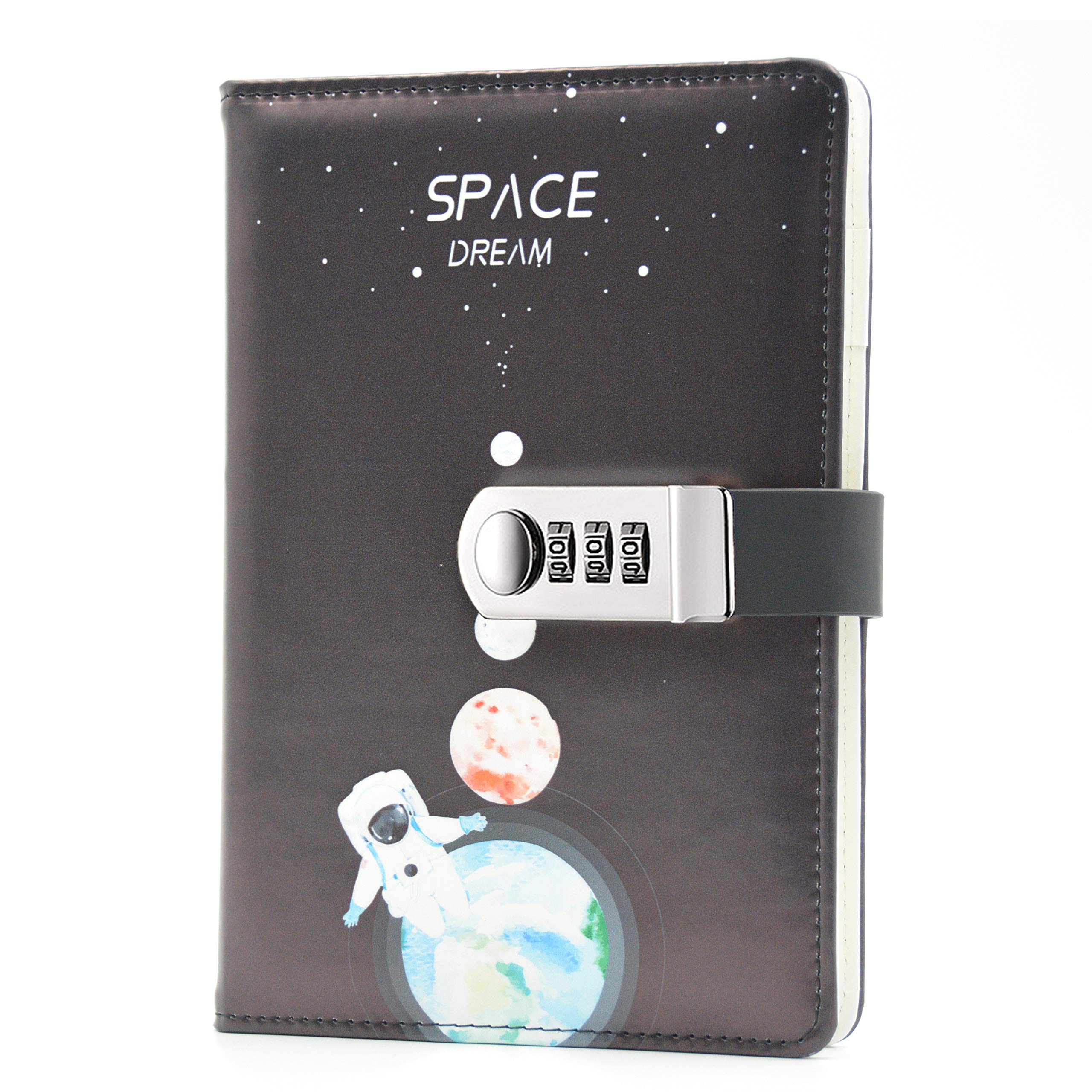 iLoveDeco cuaderno de escritura de diario secreto de cuero PU con cerradura codificada(patrón espacial), A5 contraseña diario diario de viaje encuadernado con cerradura de combinación, 145x210mm