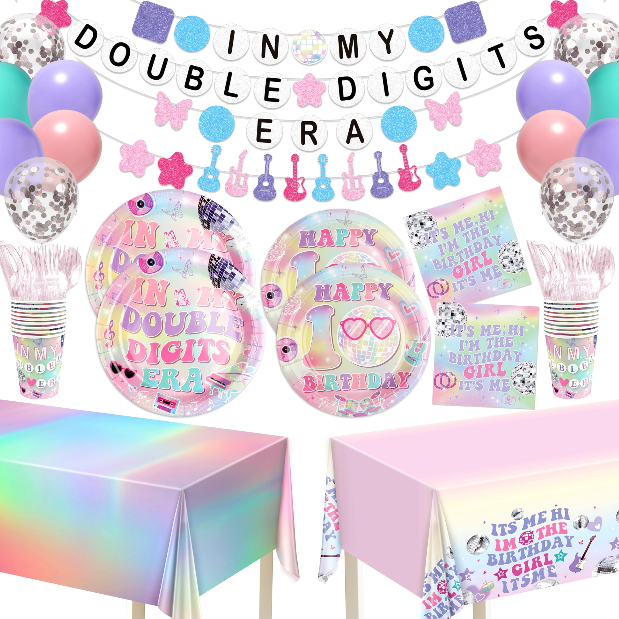 Photo 1 of 10th Birthday Decorations for Girl, 194Pcs Double Digits Birthday Girl Tableware Set for 24 Guests with Plates Napinks Cups Cutlery Tablecloths Banners Balloons, In My Double Digits Era Party Supplies