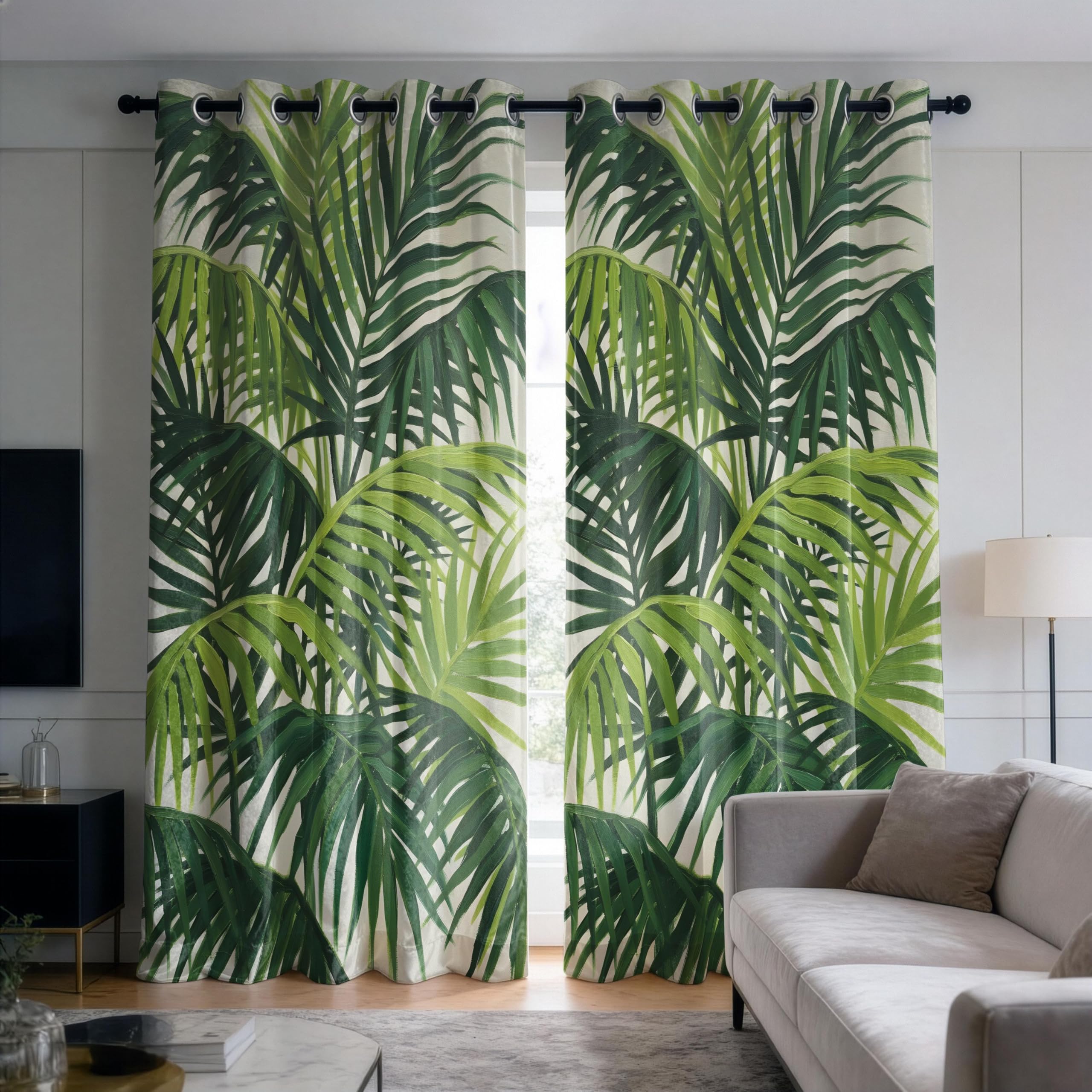 IKDZCM Palm Leaf Blackout Curtains for Bedroom, Tropical Botanical Drape, Jungle Green Leaf Window Panel for Living Room(WxH/2x140x180cm)