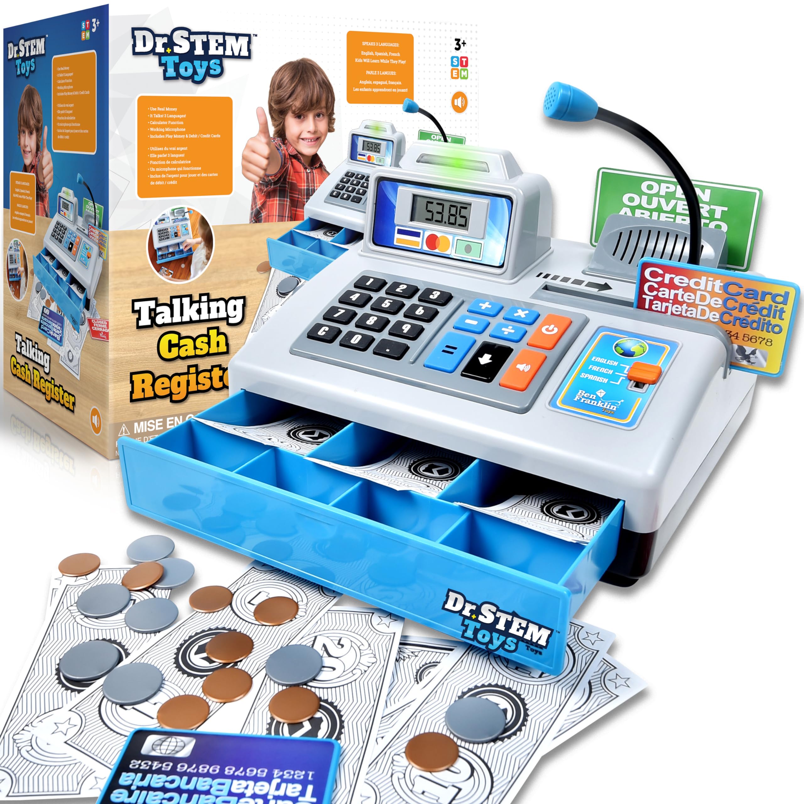 Dr. STEM Toys | Talking Toy Cash Register | STEM Learning 69 Piece Pretend Store with 3 Languages, Paging Microphone, Credit Card, Bank Card, Play Money and Banking for Kids, Silver (Updated Package)