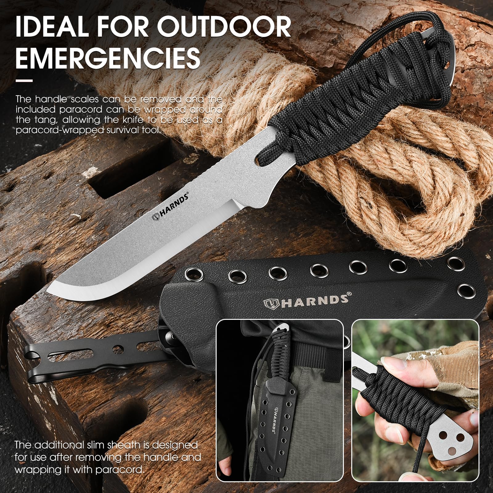 HARNDS Discovery Cuchillo de fijación de tono completo al aire libre en acero 10Cr15CoMoV con empuñadura G10 extraíble, carcasa ajustable, alisado escandinavo (negro-rojo)