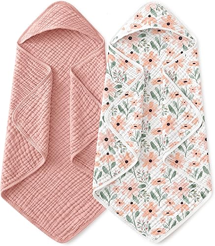 Yoofoss Paquete de 2 toallas con capucha para recién nacido, 100% muselina de algodón orgánico, toalla de baño con capucha para bebés, bebés, niños